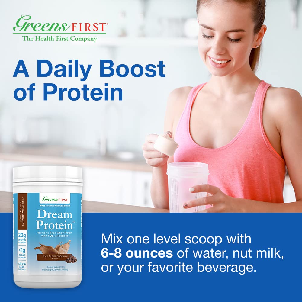 Greens First Dream Whey Protein Powder - Dutch Chocolate Flavor, 30 Servings (28.04 oz) | 20g Protein per Serving, Low Carb, Hormone-Free, Non-GMO | Perfect for Post-Workout Recovery, Muscle Building & Healthy Lifestyle