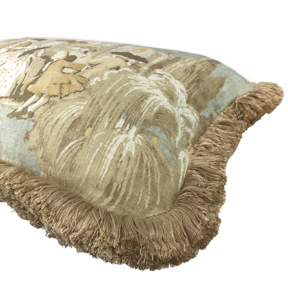 Versailles Cream Spa Blue Toile Lumbar Pillow Cover with Brush Fringe Trim - French Country Home Decor for Living Room, Bedroom & Sofa