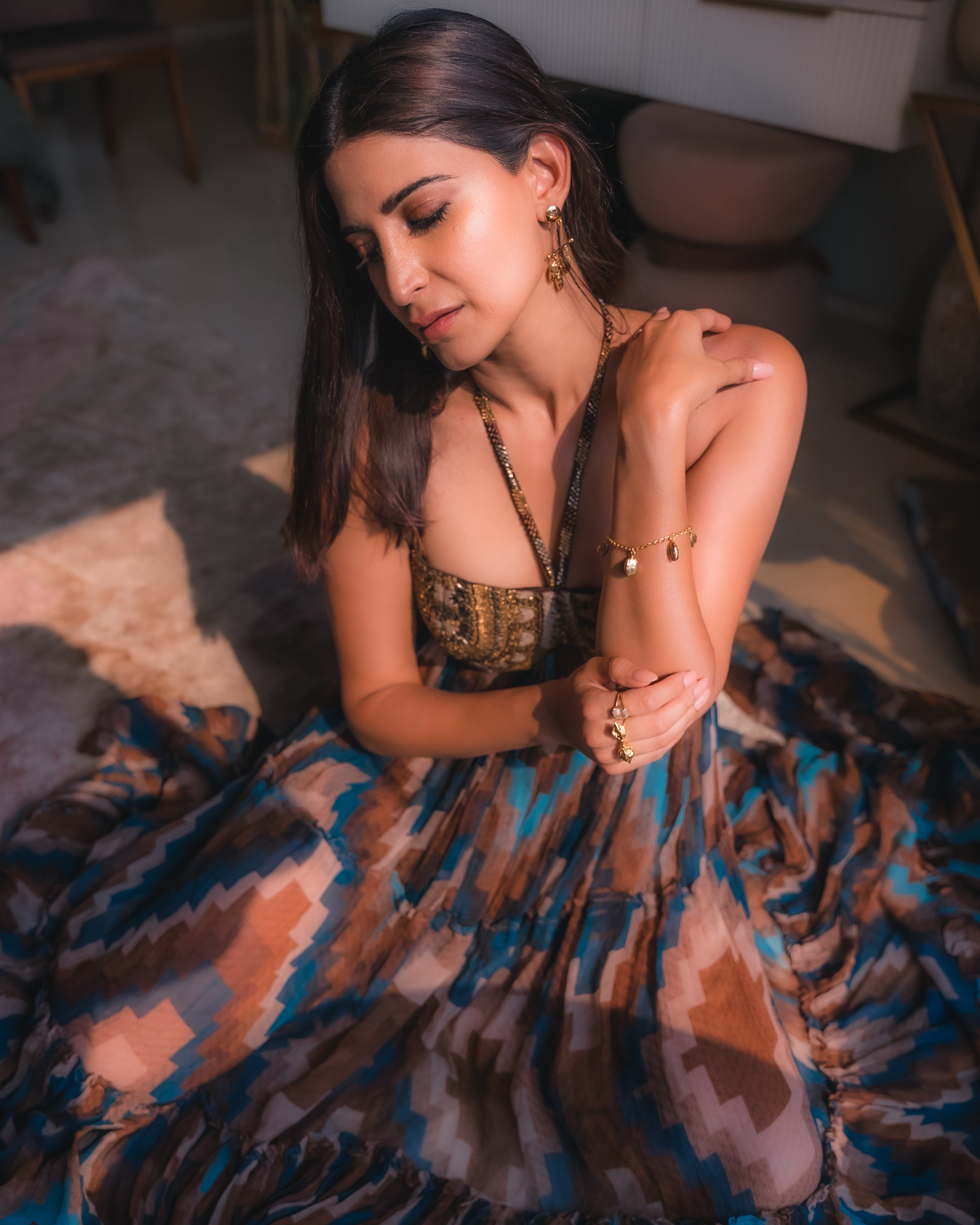 Turquoise Grid Print Maxi Dress with Aged Gold Embroidery - Elegant Boho Chic Women's Dress for Parties, Weddings & Special Occasions
