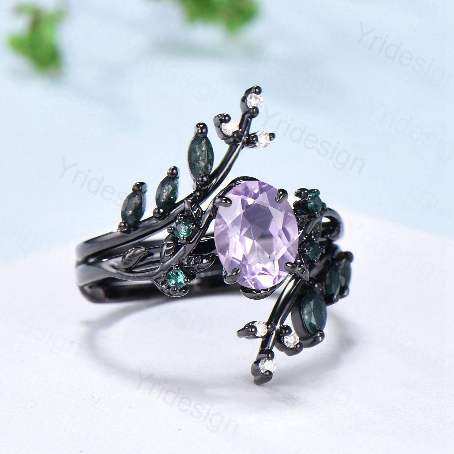Nature Inspired Lavender Amethyst Engagement Ring Set - Black Gold Unique Leaf Vine Marquise Moss Agate Gothic Bridal Wedding Jewelry (2pc) | Perfect for Boho Weddings, Nature-Themed Proposals & Alternative Bridal Style