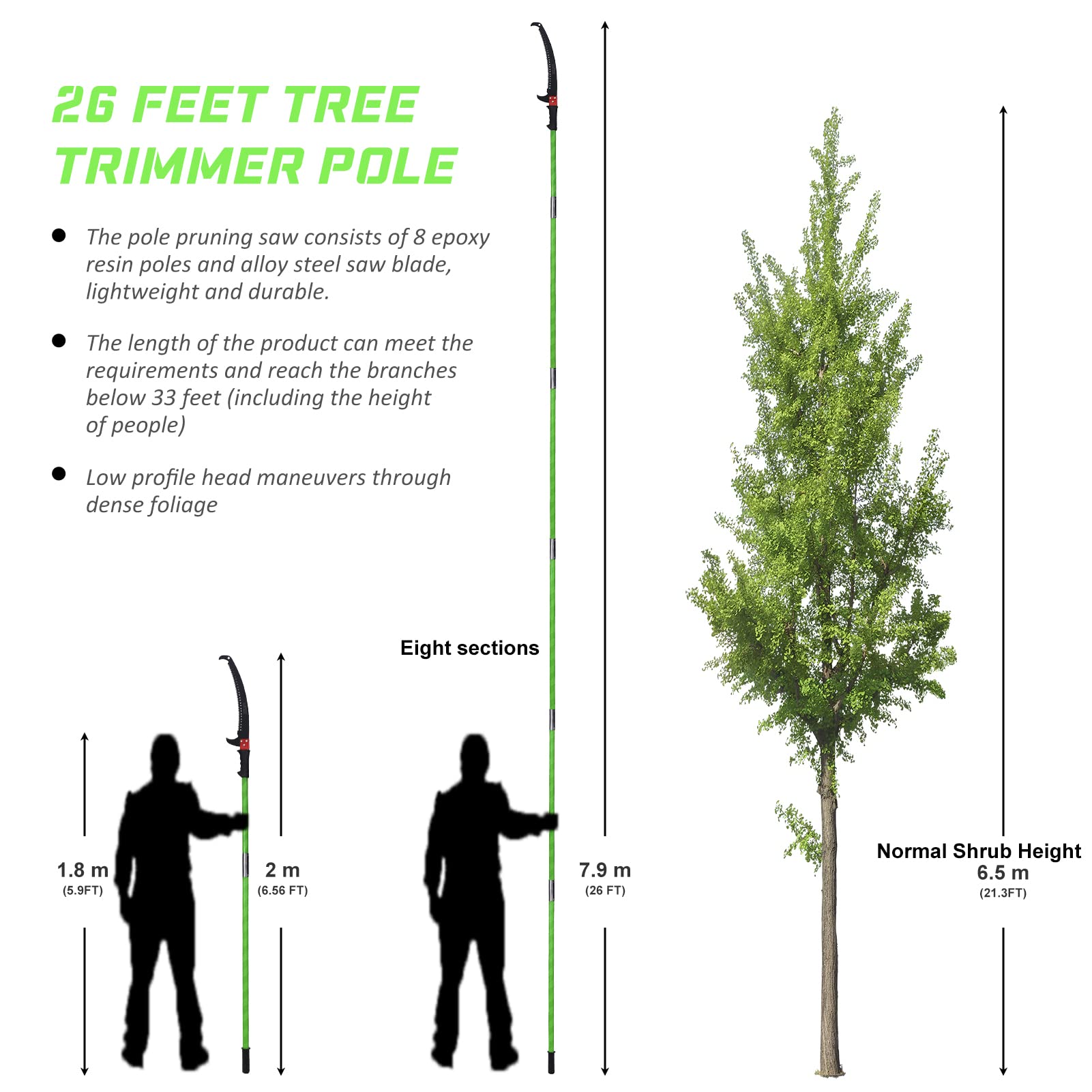 26.5FT Extendable Pole Saw for Tree Trimming - Manual Long Handle Tree Pruner with Dual Cutting System & Storage Bag - Perfect for Gardening, Landscaping and Outdoor Branch Cutting