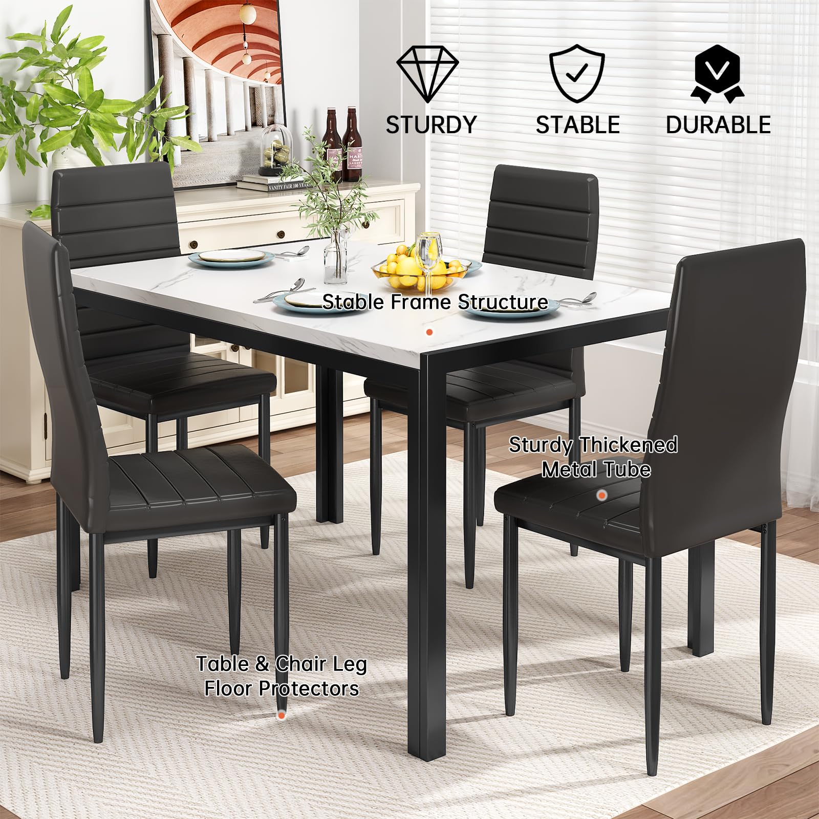 Recaceik 4-Piece Dining Table Set with Faux Marble Top & PU Leather Upholstered Chairs - Modern Kitchen Table and Chairs for Small Space, Perfect for Breakfast Nook, Apartment Dining, and Family Meals