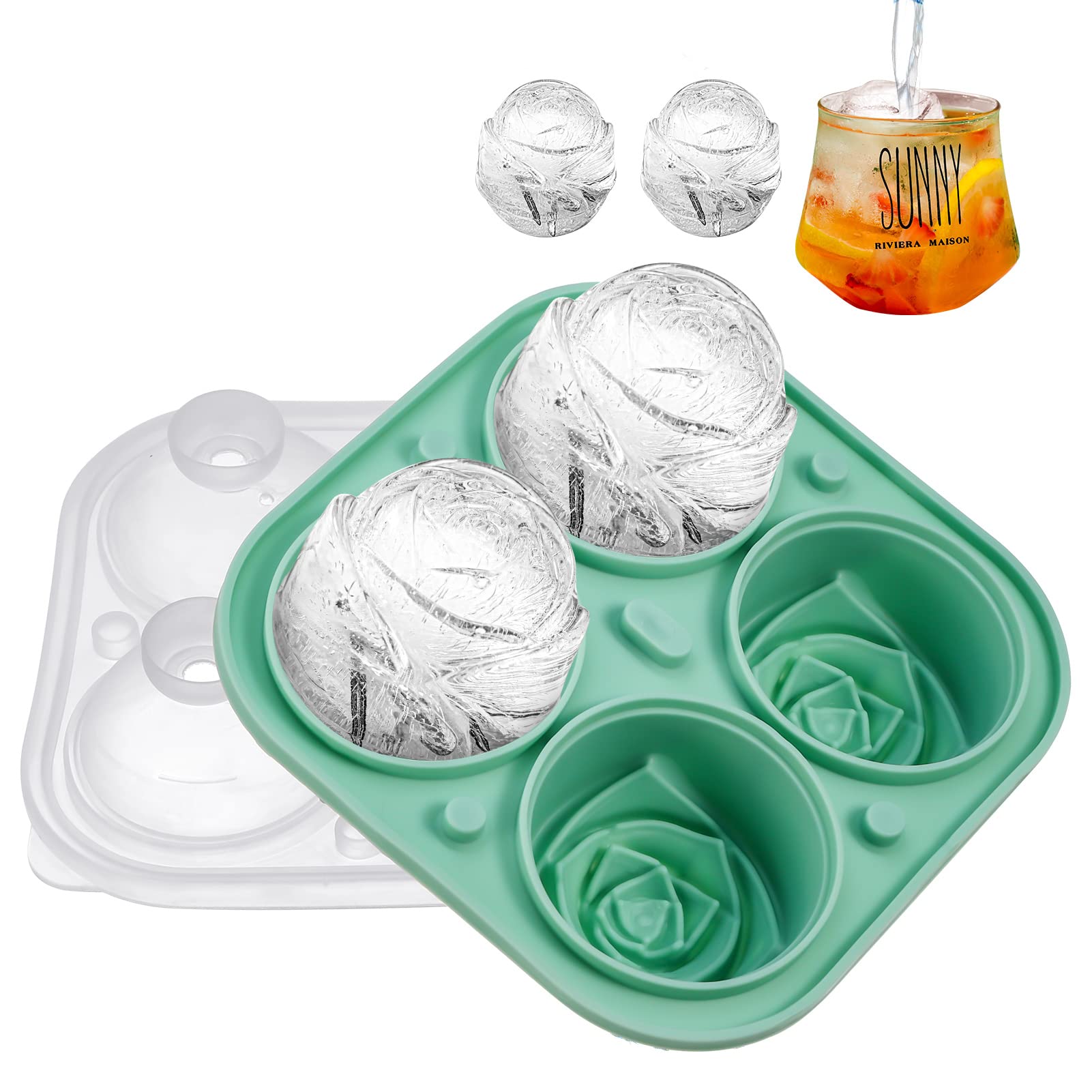 BOWINR 3D Rose Ice Cube Tray - 2.5 Inch Silicone Ice Ball Molds for Whiskey & Cocktails | Easy Release Freezer Safe Ice Maker | Perfect for Summer Parties, Homemade Chilled Drinks & Entertaining | Dishwasher Safe