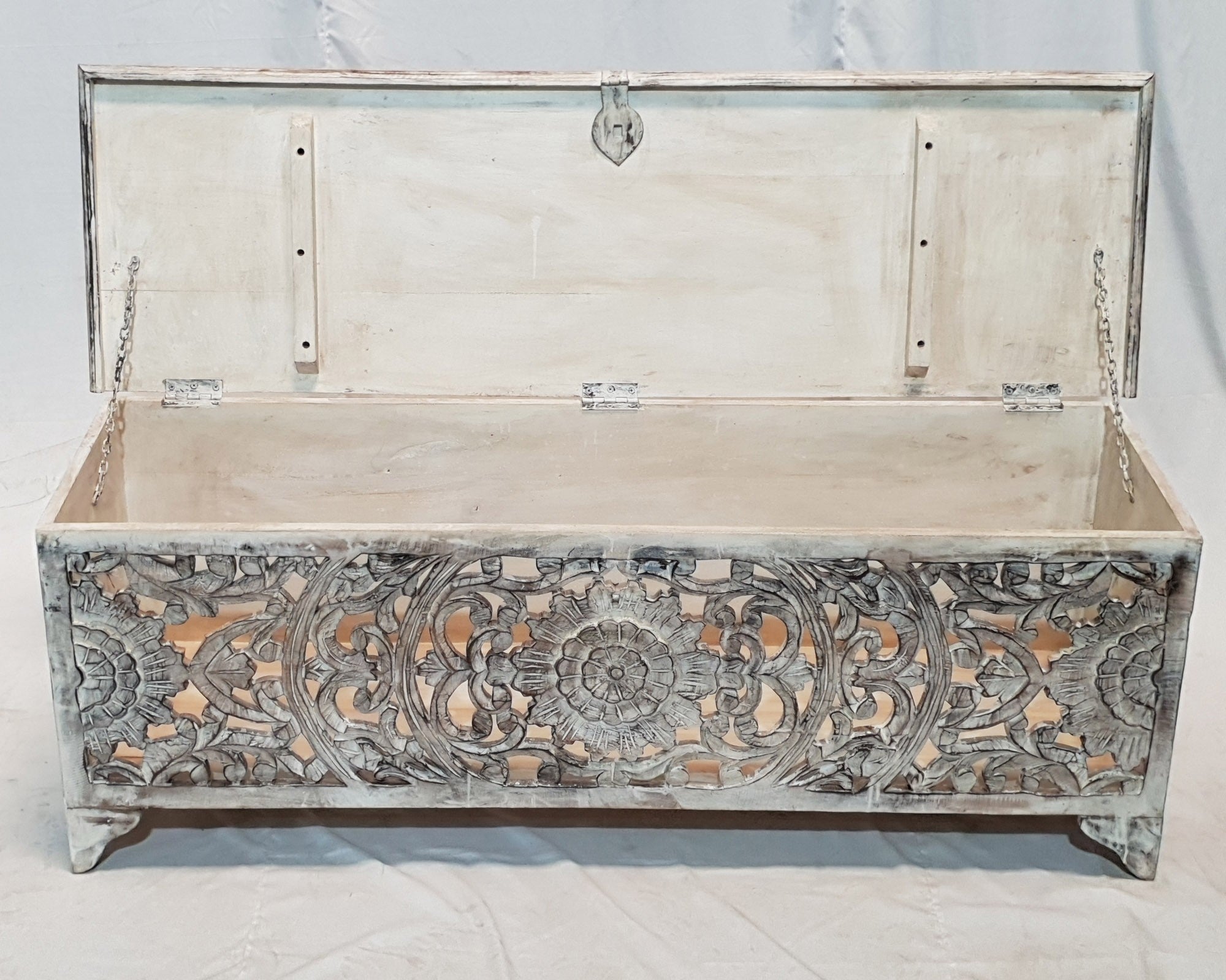 French Hand Carved Blanket Box - Whitewashed Rustic Storage Chest 55x17x20 Inches - Perfect for Bedroom, Living Room & Farmhouse Decor