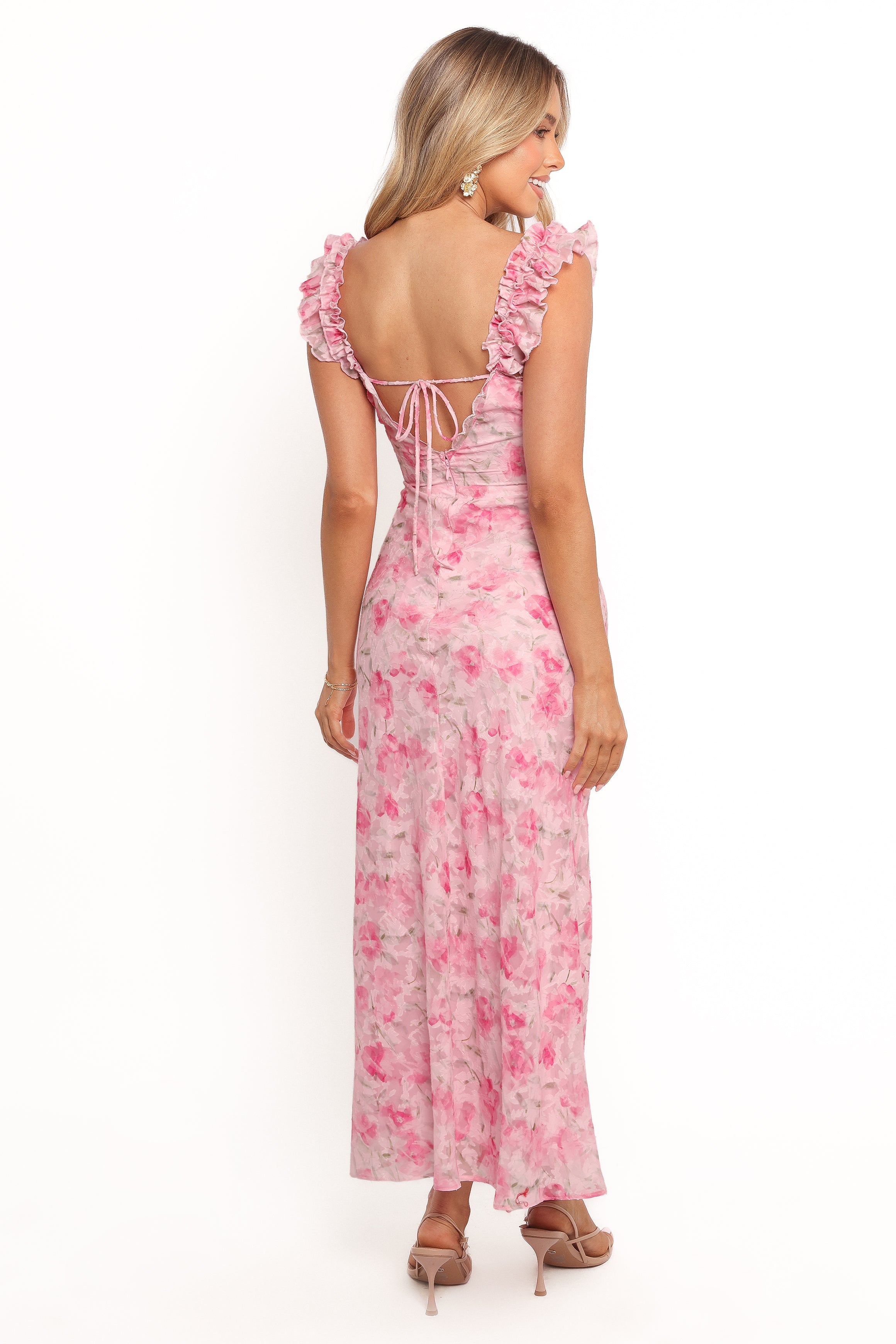 Women's Pink Floral Jean Maxi Dress - Casual Boho Long Denim Dress for Summer, Beach, and Outdoor Activities
