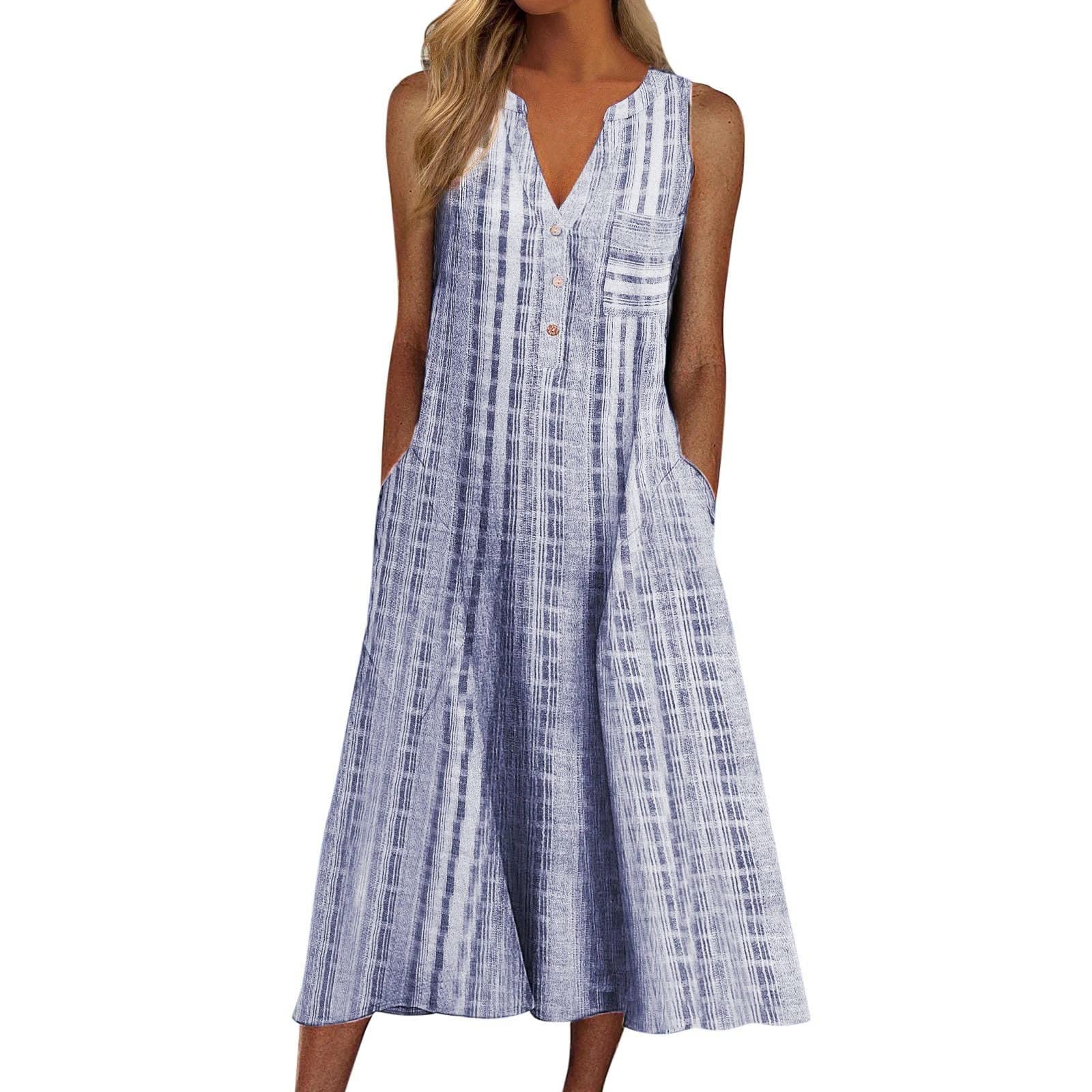 XHJUN Women's Summer Dresses 2023 - Floral Wedding Guest Dress, Striped Button Down V-Neck Sleeveless Midi Dress with Pockets - Perfect for Beach Vacations, Bridal Showers & Summer Parties