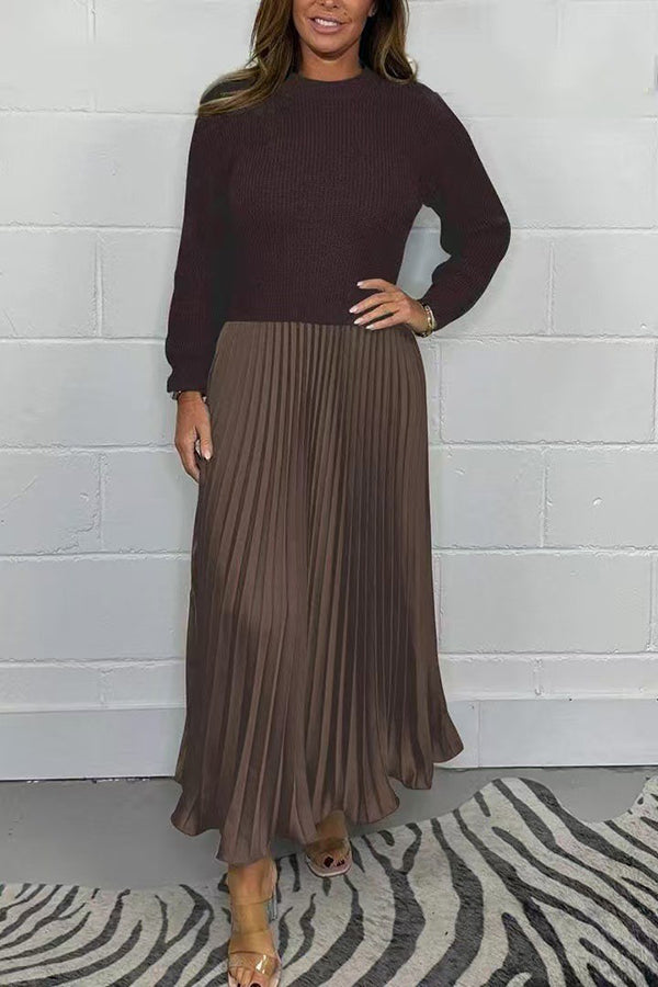 Stylish Knitted Round Neck Long Sleeve Patchwork Pleated Hem Maxi Dress for Women | Elegant Boho Chic Winter Dress | Perfect for Holiday Parties, Date Nights & Casual Outings