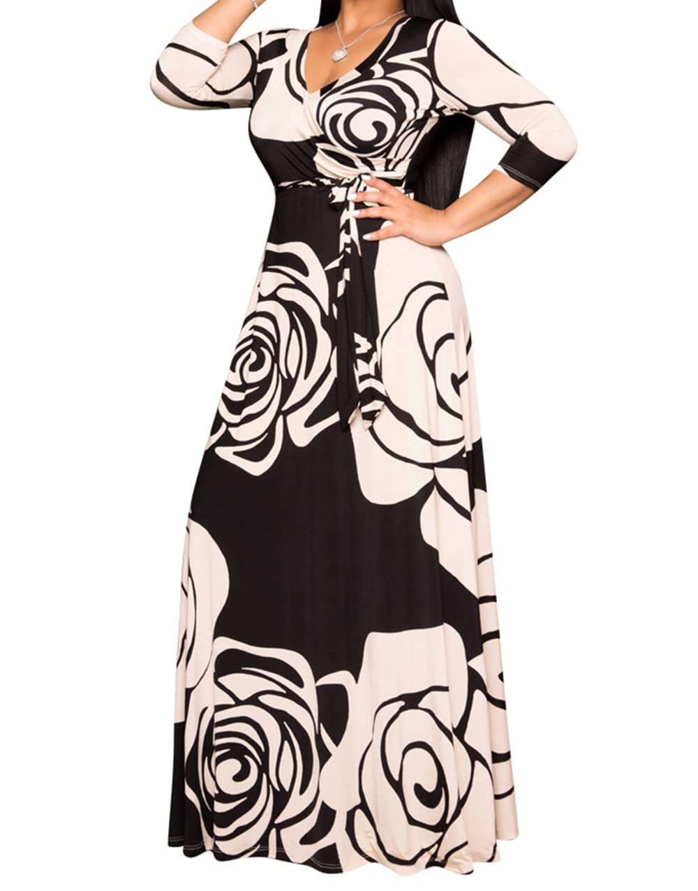 JTNFairy Women's Casual Floral Print Long Maxi Dress - Plus Size Summer Beach Dress, Boho Party Outfit for Vacation, Wedding Guest & Date Night