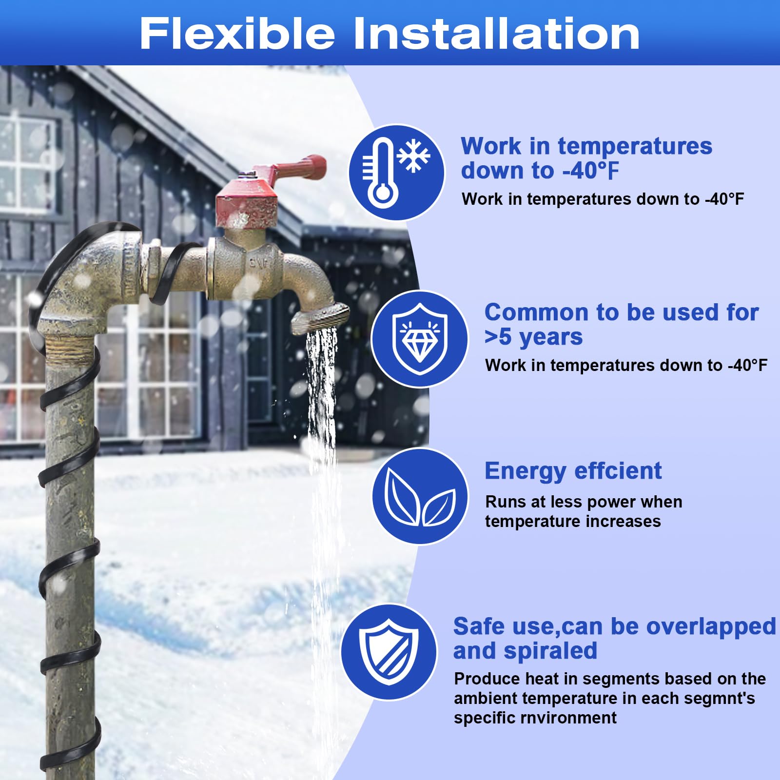 3FT-160FT Self-Regulating Heat Tape for Water Pipes -40°F to 122°F, Deicing Pipe Heating Cable with Built-in Thermostat, 120V 8W/ft (100FT) - Prevent Frozen Pipes in Winter for Roof Gutters, Exposed Pipes & Outdoor Water Hoses