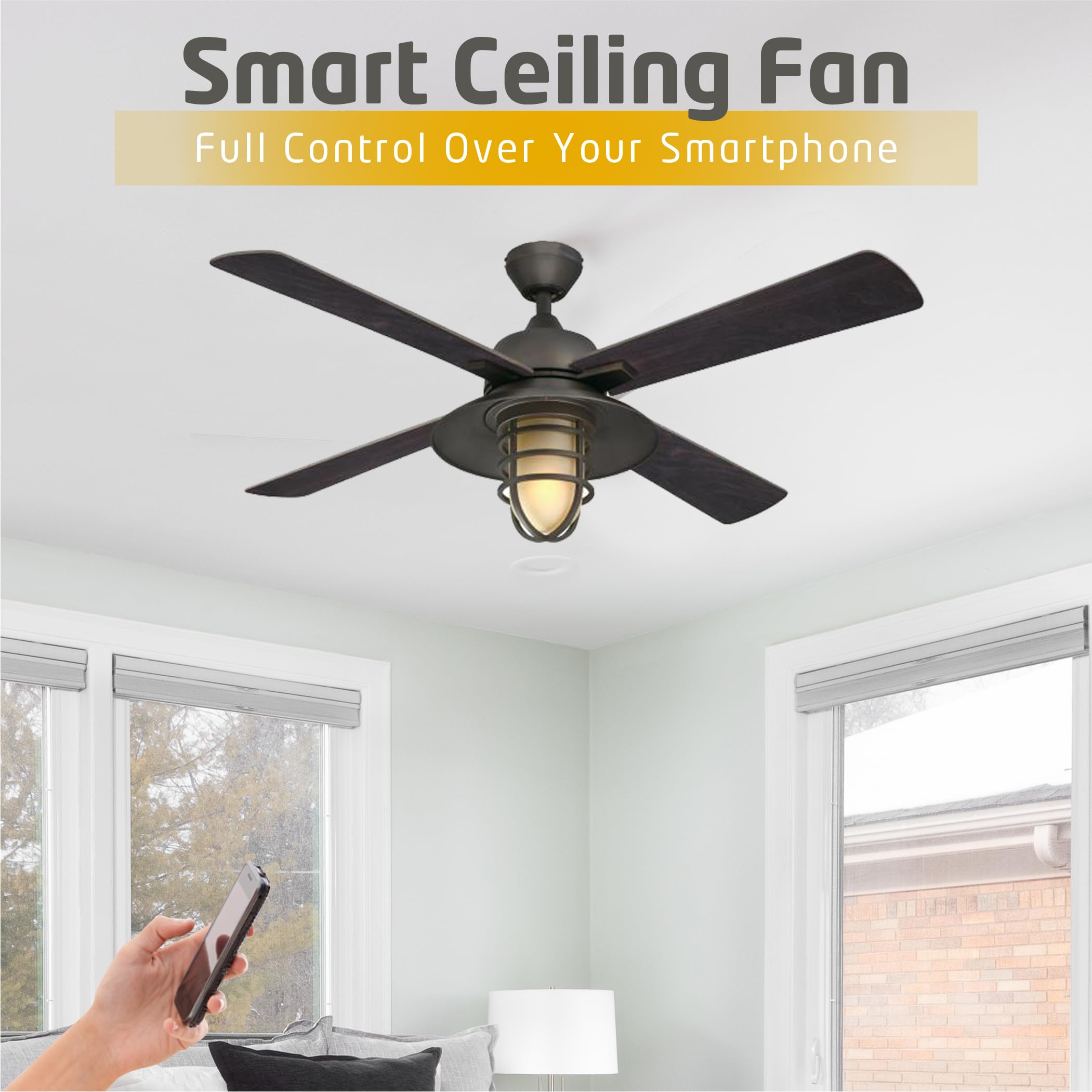 52-inch Smart Ceiling Fan with Lights - Alexa & Google Home Compatible Wi-Fi Ceiling Fan with Remote - Modern Black Bronze Finish for Bedroom, Living Room & Home Office - Energy Efficient Cooling & Stylish Lighting Solution