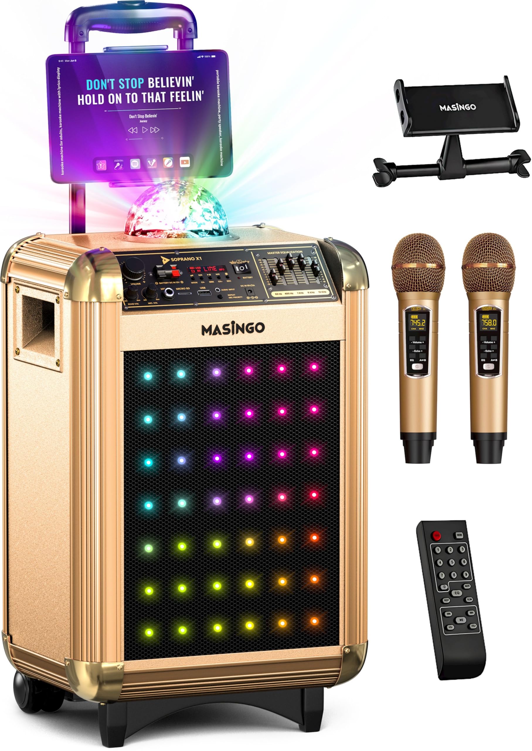 MASINGO X1 Karaoke Machine with Bluetooth Wireless Microphones - Portable PA Speaker System for Adults & Kids, Includes Disco Ball Party Lights, Lyrics Display Tablet Holder & TV Cable - Perfect for Home Parties, Birthday Celebrations & Family Gatherings