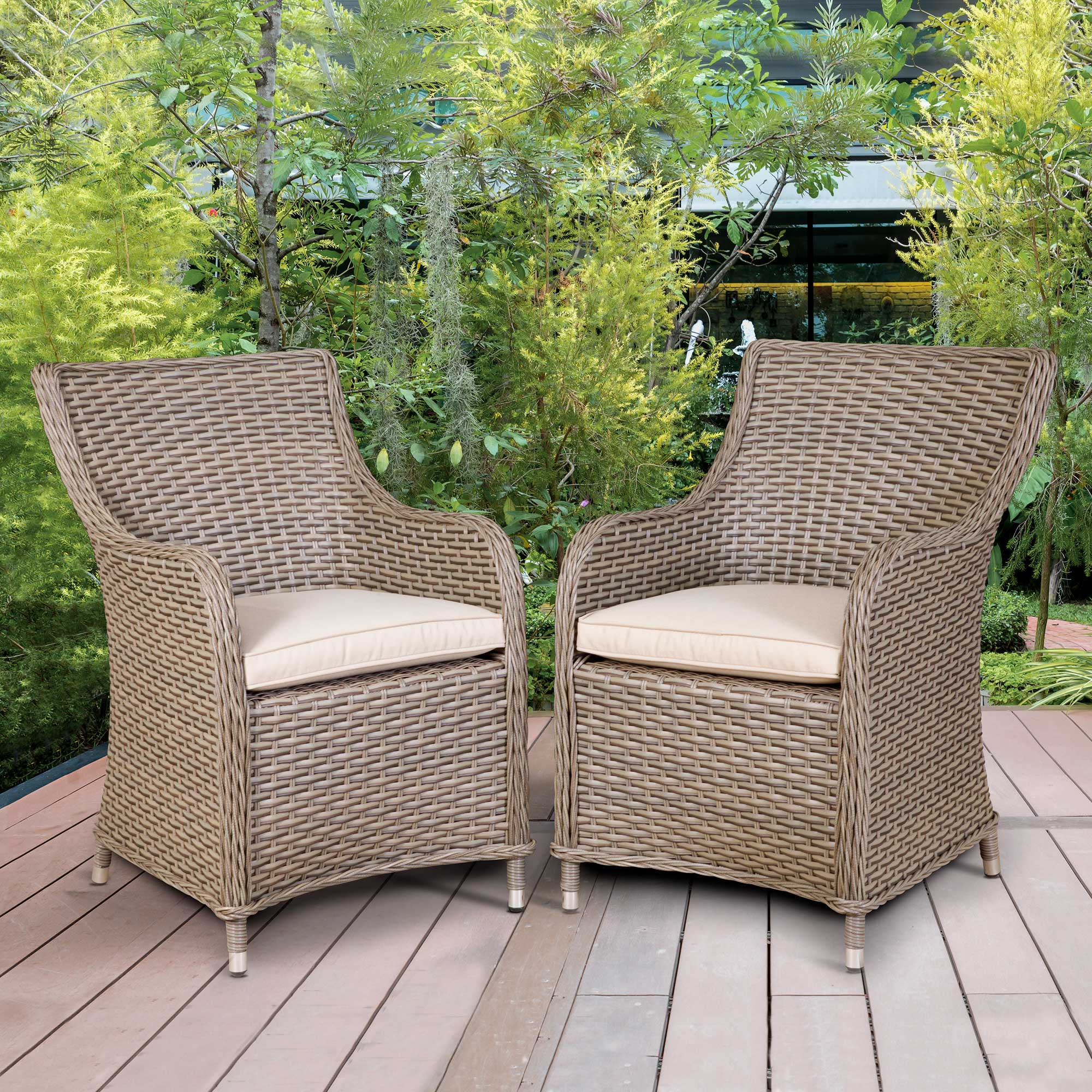 Premium Chester Rattan Wicker Garden Dining Chairs with Cushions - Weather-Resistant Brown Patio Furniture for Outdoor Dining & Backyard Relaxation | Set of 2 DG64