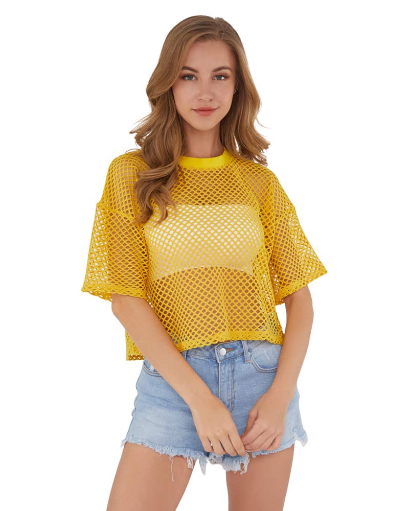 CLOZOZ Women's Mesh Cover Up See Through Fishnet T-Shirt Crop Top - Sexy Summer Beachwear for Pool Party & Festival Outfits