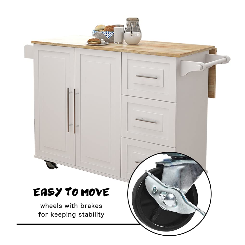 Expandable Solid Wood Kitchen Island with Drop-Leaf Table, Wheels & Storage - White | Large Cabinets, 3 Drawers, Spice Rack & Towel Holder | Perfect for Small Kitchens, Dining Areas & Food Prep Stations