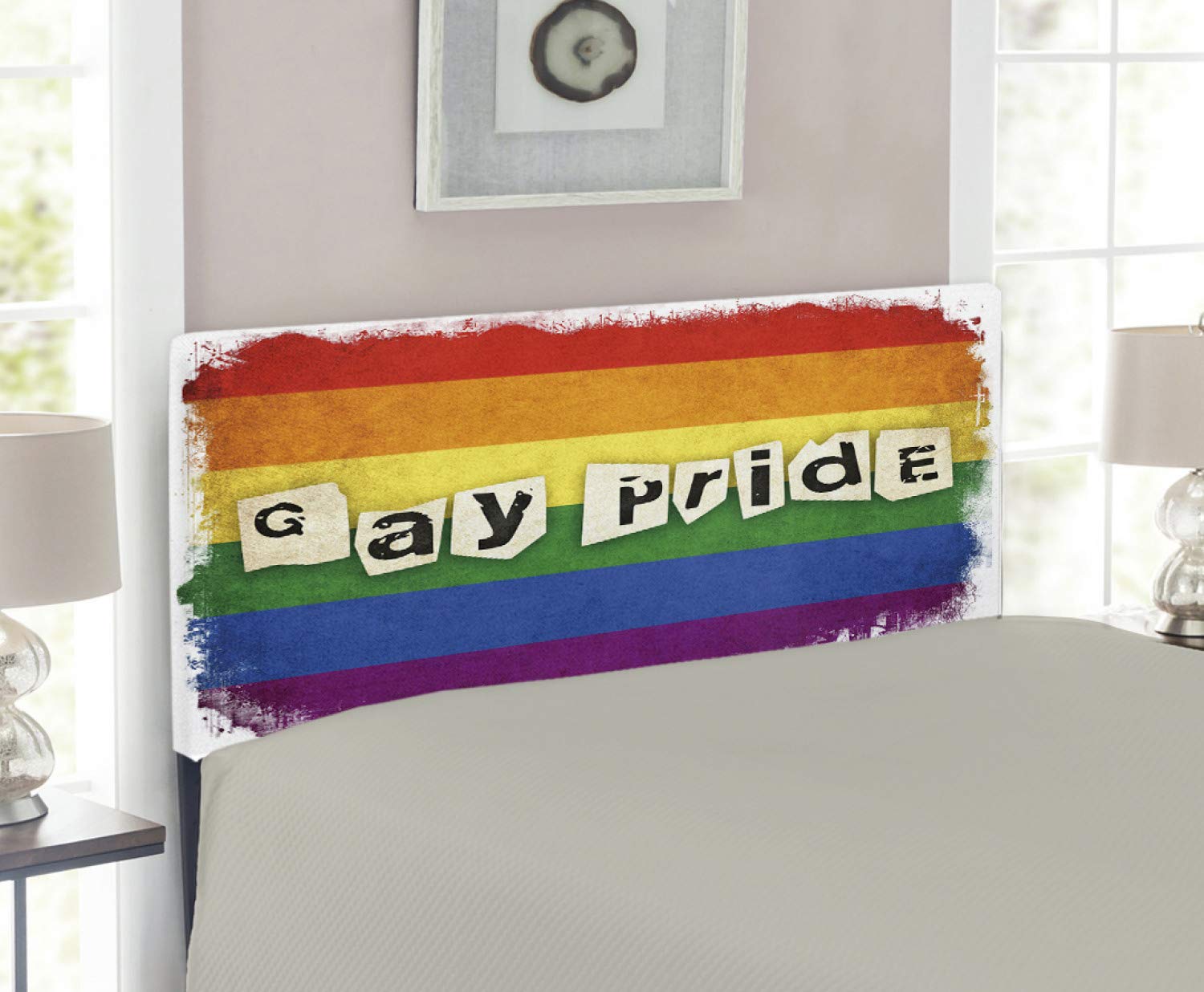 Ambesonne Pride Headboard - Vintage Rainbow Flag Design with LGBT Typography, Upholstered Metal Bed Frame with Memory Foam, Twin Size, Multicolor - Perfect for Pride-Themed Bedrooms & LGBTQ+ Home Decor