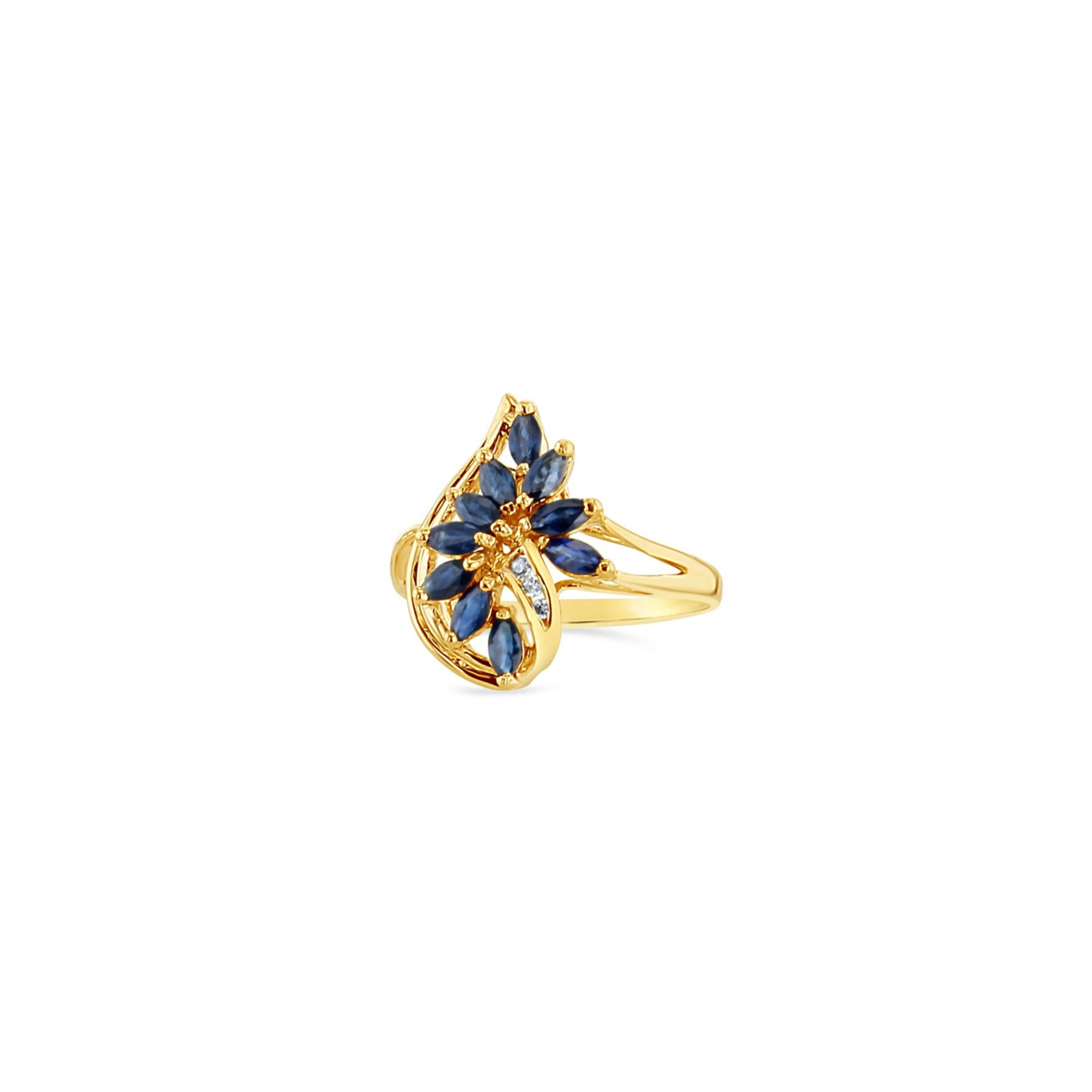 1 Carat Marquise Cut Sapphire & Diamond Cluster Ring in 14K Yellow Gold - Elegant Engagement, Anniversary or Gift Jewelry for Women