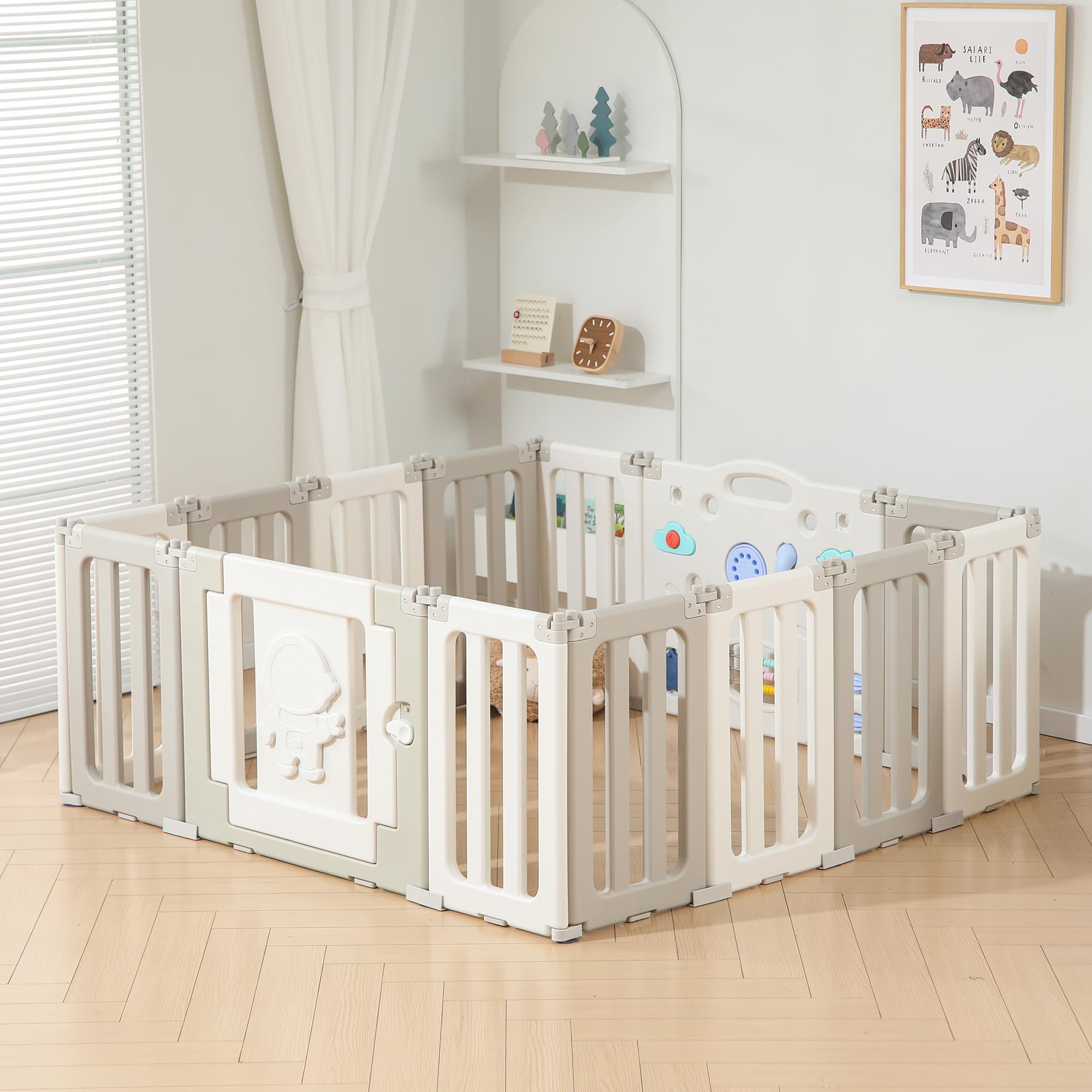 **Foldable Baby Play Pen - Extra Large 14-Panel Playpen for Babies & Toddlers, Portable Play Yard with Astronaut Design, Safety Baby Gate & Fence (Grey) - Indoor & Outdoor Use for Playtime, Learning & Safe Exploration**