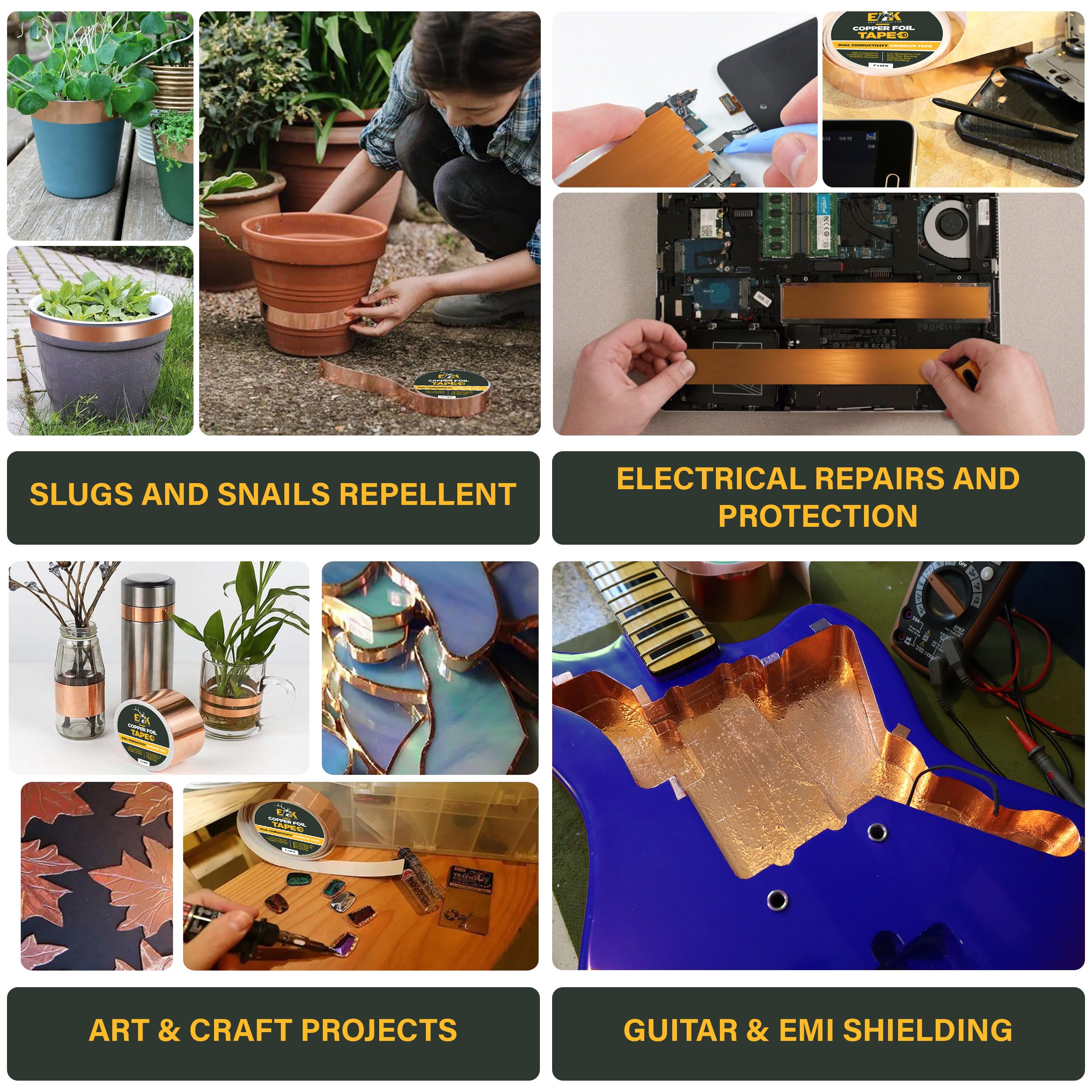 ELK Copper Foil Tape - 1” x 66ft - Conductive Adhesive for Guitar Shielding, DIY Crafts, Electrical Repairs & Grounding - EMI Shielding, Stained Glass, Circuit Board Fixes - High Conductivity Copper Tape for Arts & Electronics
