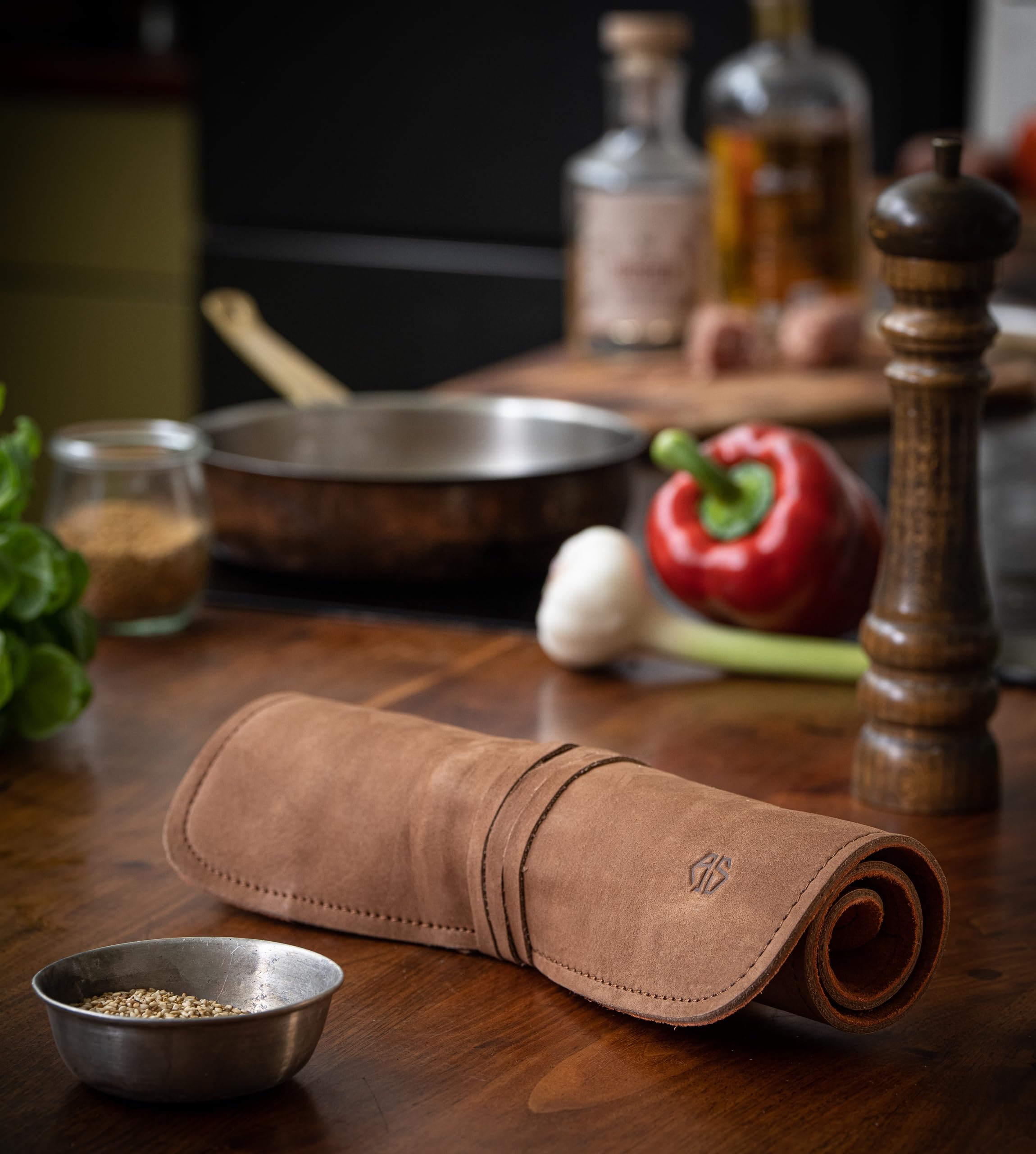 Premium Angus Stoke Genuine Leather Knife Roll Bag - 7 Slot Chef Knife Case Holds Up to 11
