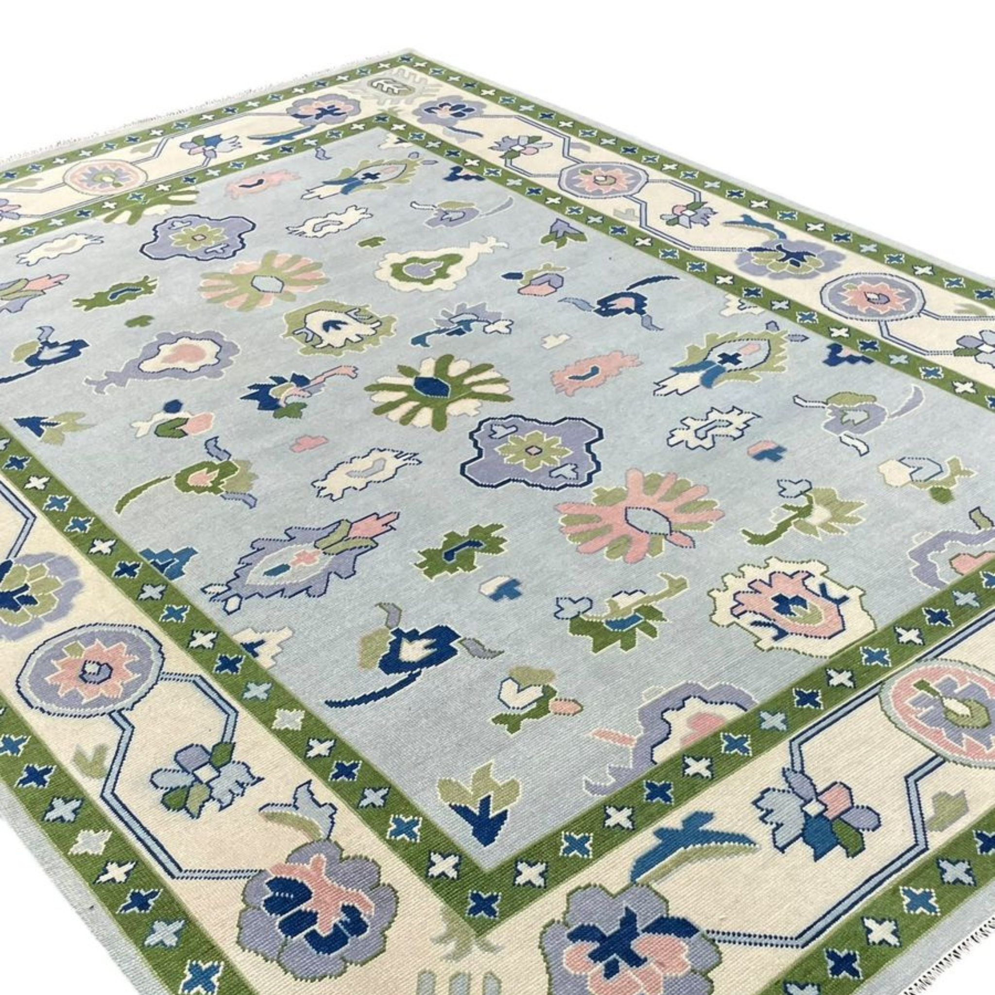 Handmade Byram Oushak Rug in Meadow Green - Authentic Turkish Wool Area Rug for Living Room, Bedroom & Dining Room Decor