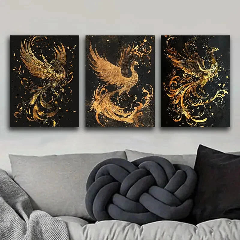 3-Piece Black and Gold Phoenix Metal Wall Art - Ready to Hang, Modern Home Decor for Living Room, Bedroom & Office