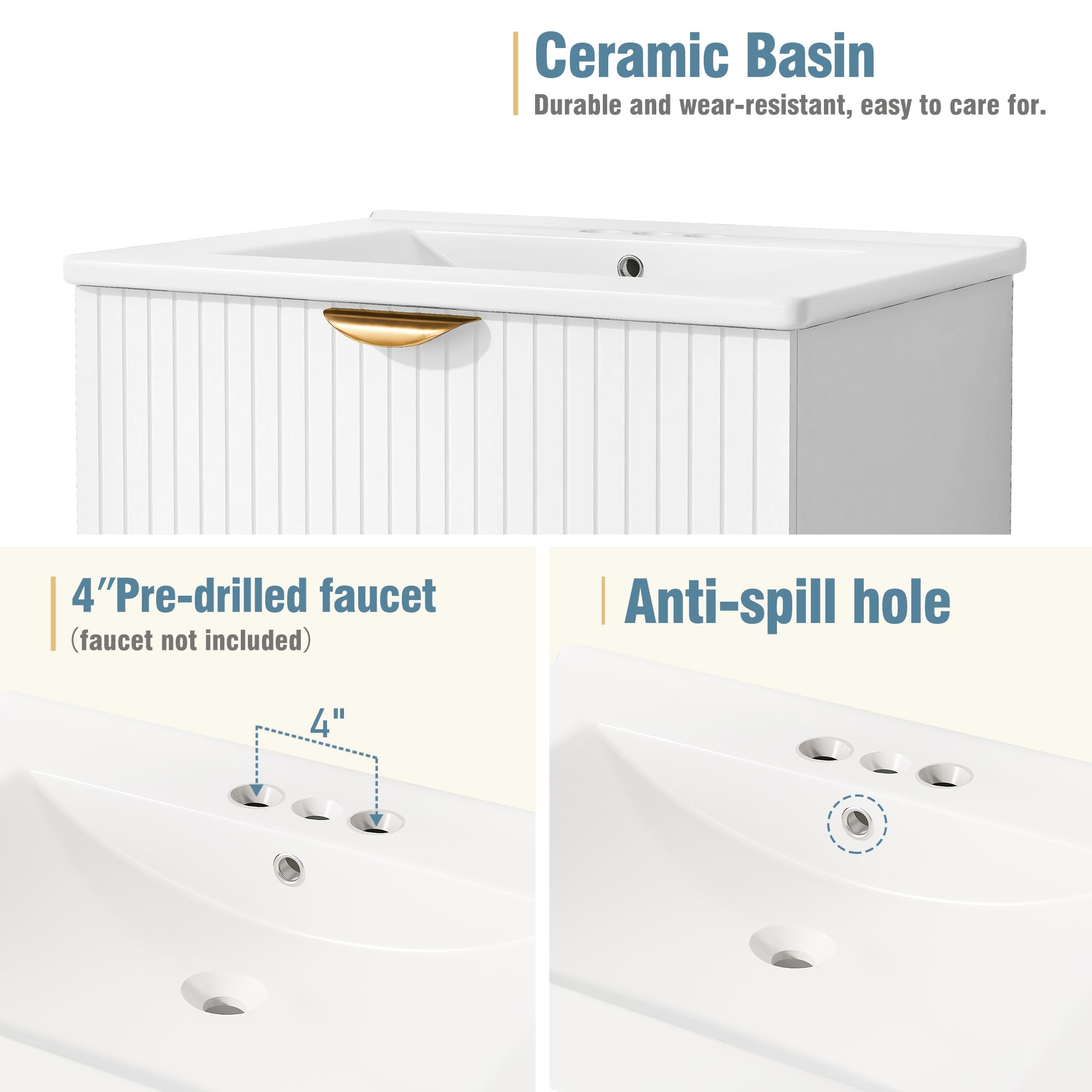 Polibi Modern 24-Inch Floating Wall-Mounted Bathroom Vanity with 2 Drawers & Top Sink - Space-Saving Storage Solution for Small Bathrooms, Powder Rooms & Apartments