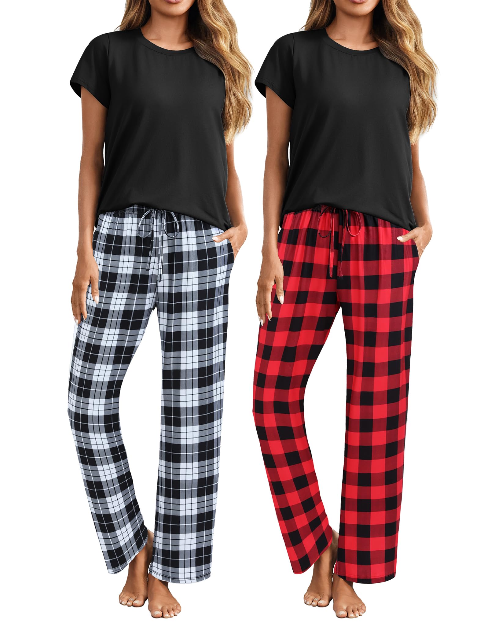 Ekouaer Women's 2-Pack Pajama Set - Short Sleeve Sleepwear Top & Pants 4-Piece Lounge PJS with Pockets | Soft & Comfortable for Nightwear, Relaxing at Home, and Travel