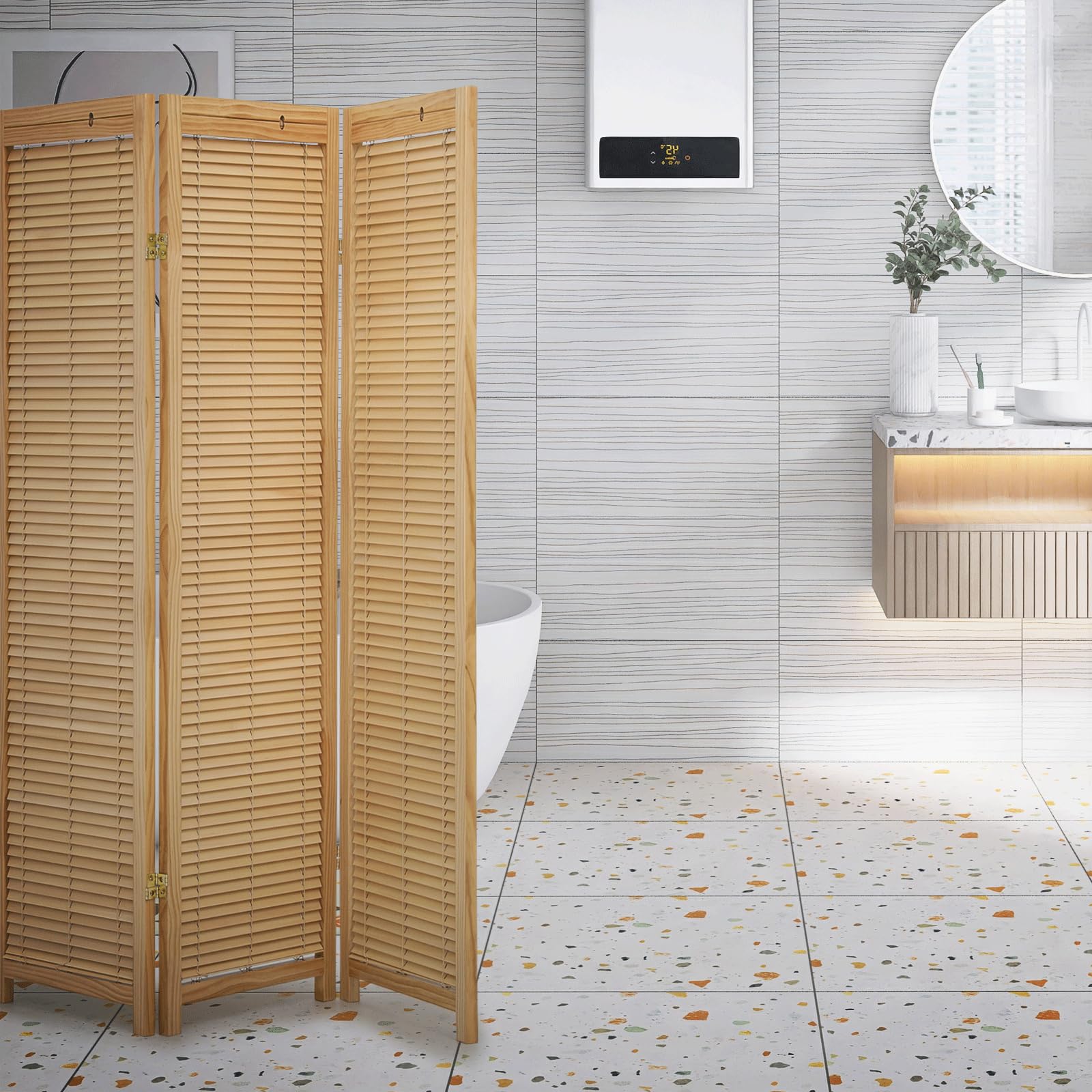 3 Panel Wood Room Divider - 5.7ft Adjustable Folding Privacy Screen with Shutter Design, Freestanding Partition for Bedroom, Office & Living Room - Natural Finish for Home Decor & Space Separation