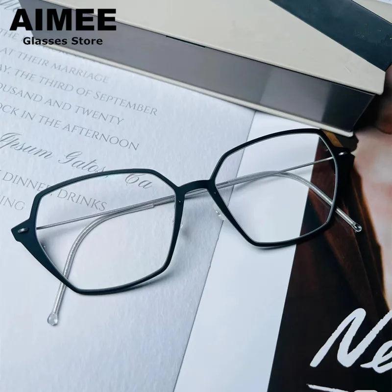Unisex Full Rim Polygon Screwless Acetate Titanium Eyeglasses Frame 6621 - Lightweight Durable Glasses for Work, Reading & Fashion