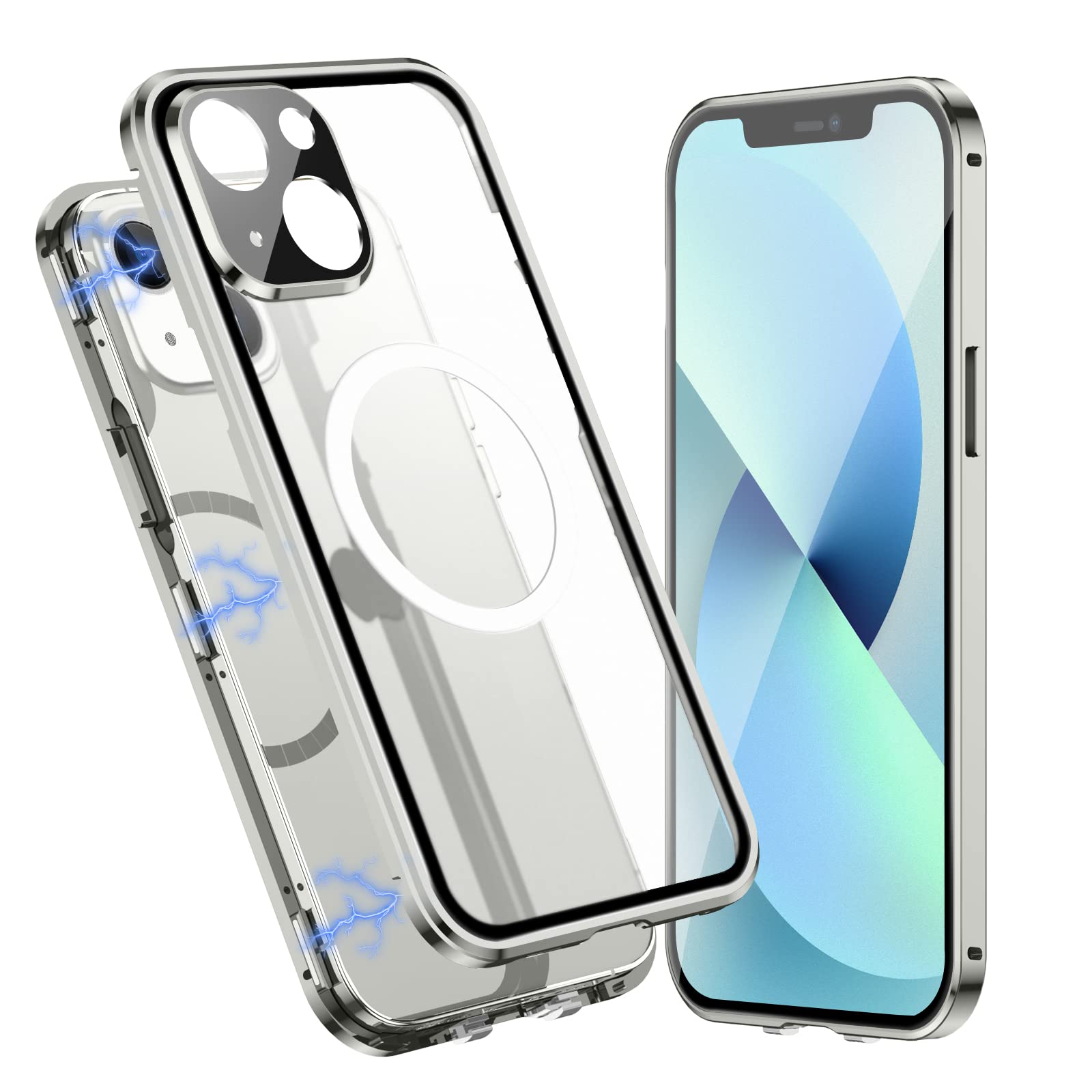 Jonwelsy Magnetic Case for iPhone 13 (6.1 inch) - 360° Full Body Protection with Magsafe Compatibility, Metal Bumper + Tempered Glass + PC Back Cover (Silver, 2021 Model) | Perfect for Work, Travel & Everyday Use