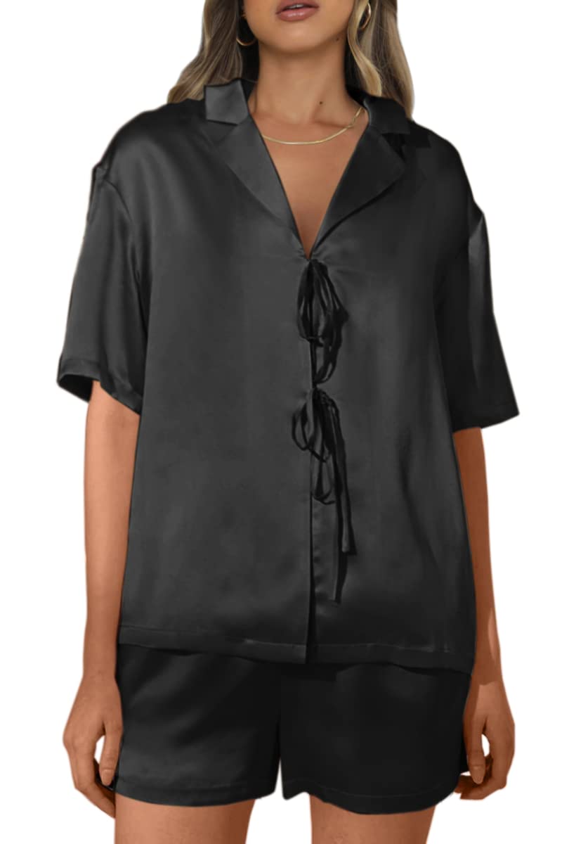 CHYRII Women's Silk Satin Pajama Set - Tie Front Short Sleeve Top & Lounge Shorts - Soft Sleepwear for Women - Perfect for Bedtime, Lounging & Summer Nights