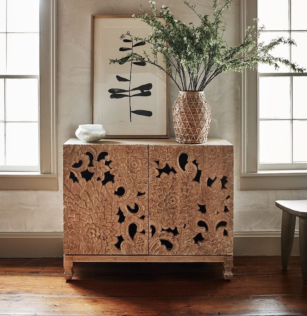 Hand Carved Lotus Wooden Storage Cabinet - White | Elegant Home Decor for Living Room, Bedroom & Entryway Organization