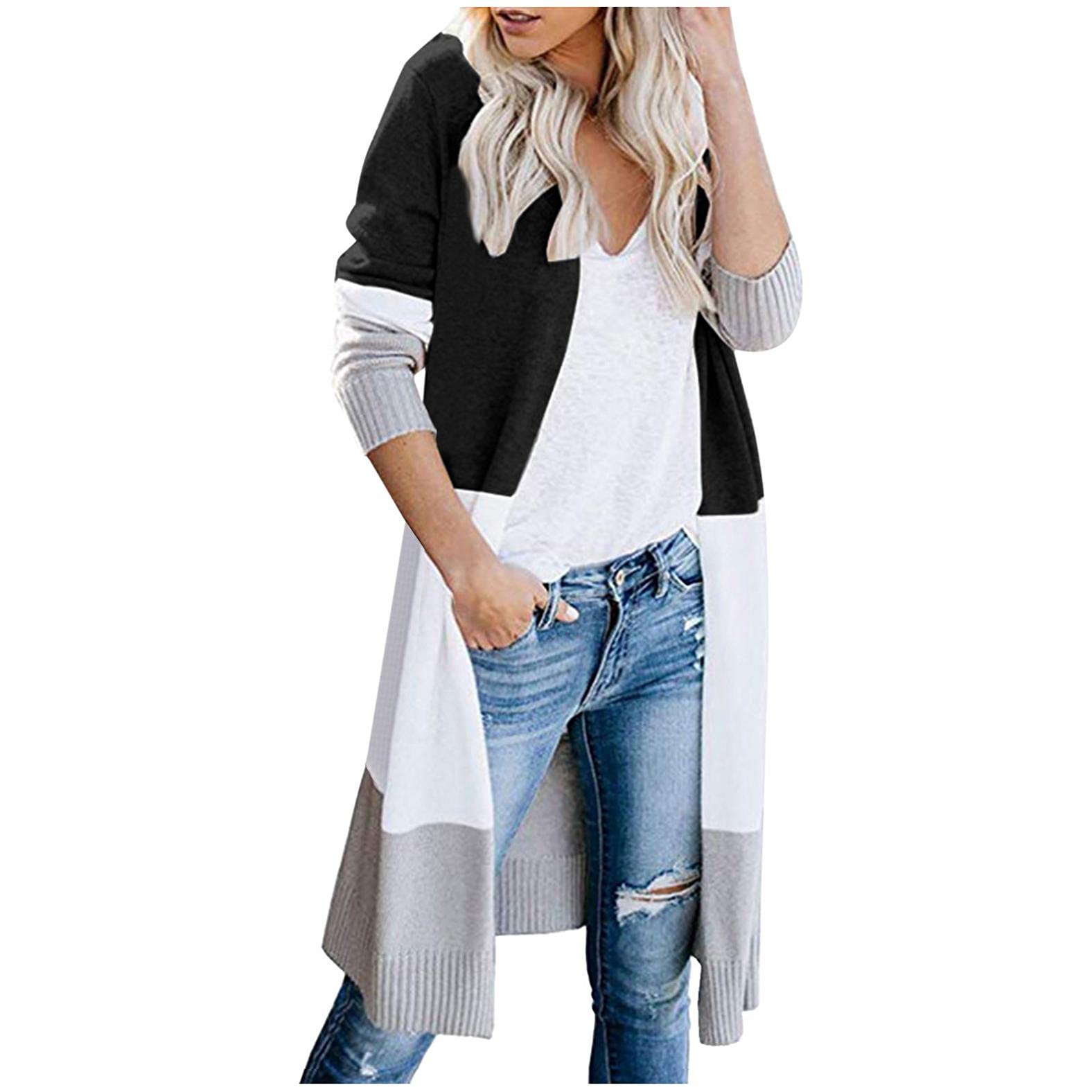 Stylish Plus Size Long Cardigan for Women - Open Front Long Sleeve Sweater Coat with Fashionable Splicing Design | Perfect for Office, Casual Outfits & Layering in Fall/Winter