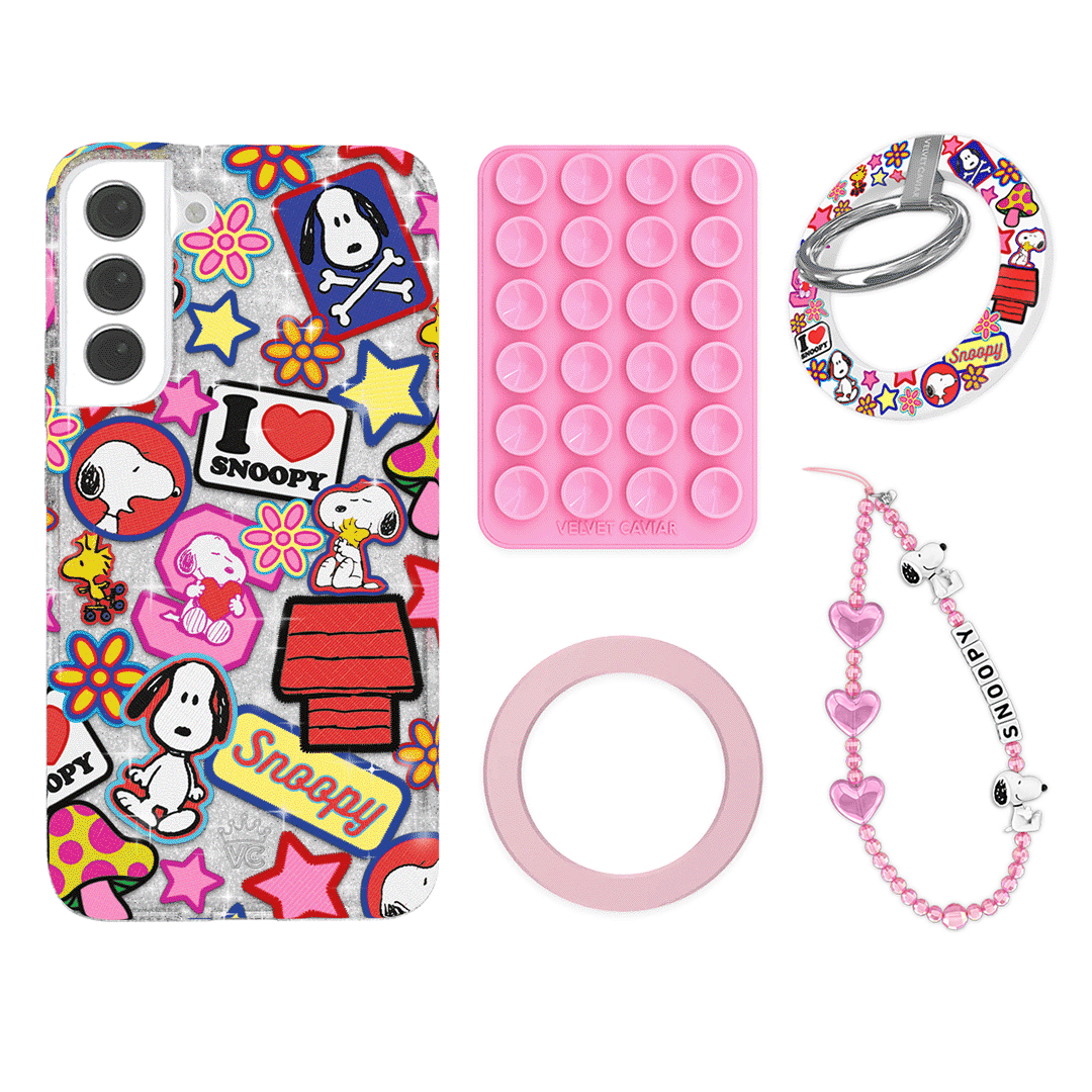 Snoopy Patchwork Glitter Galaxy Phone Grip Bundle Set - Cute Cartoon Character Non-Slip Phone Holder for iPhone Samsung - Perfect for School, Work, Travel & Everyday Use