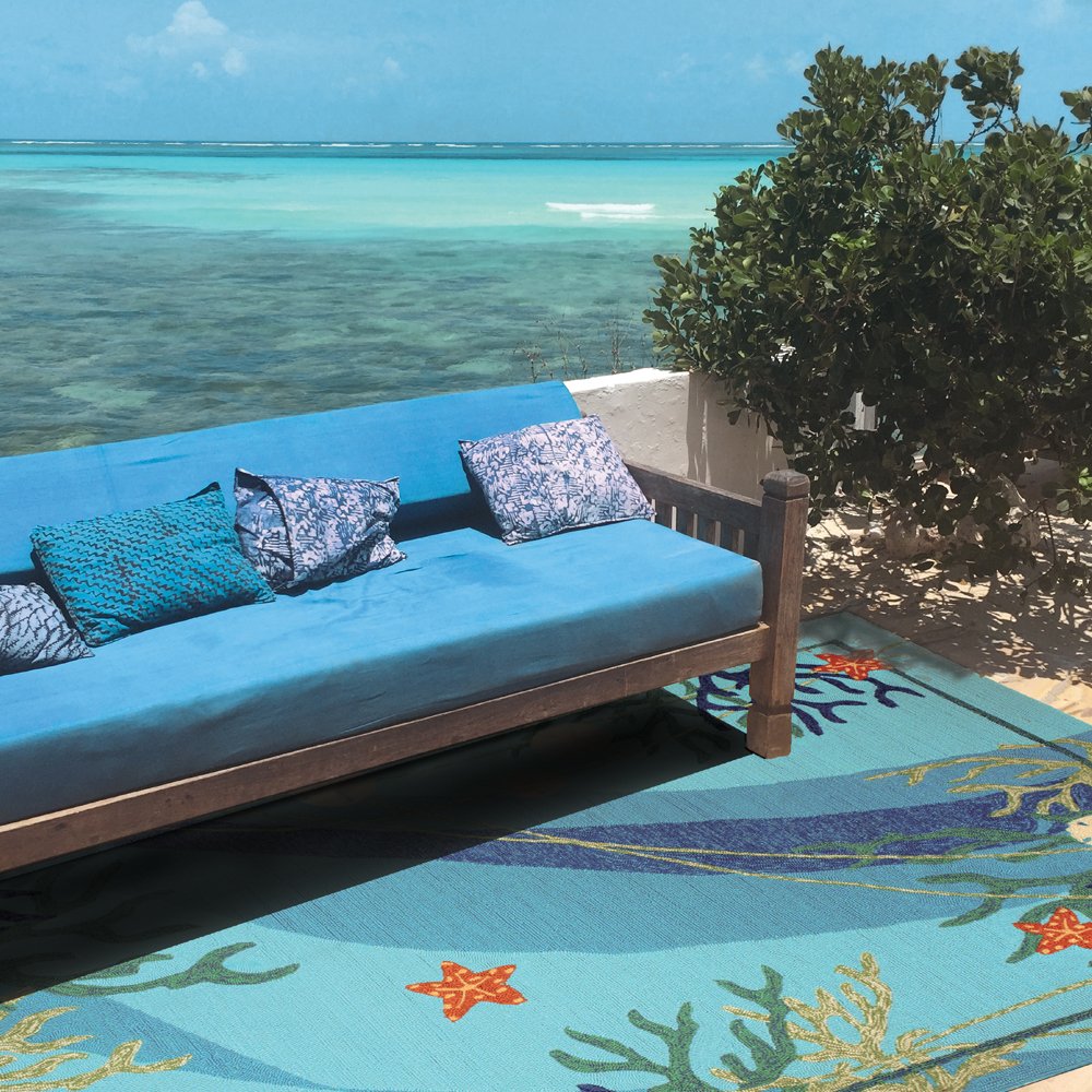 Robin Pickens Homefires Indoor/Outdoor Area Rug - 3' x 5' Underwater Coral & Starfish Design - Perfect for Patio, Deck, Living Room or Beach House Decor