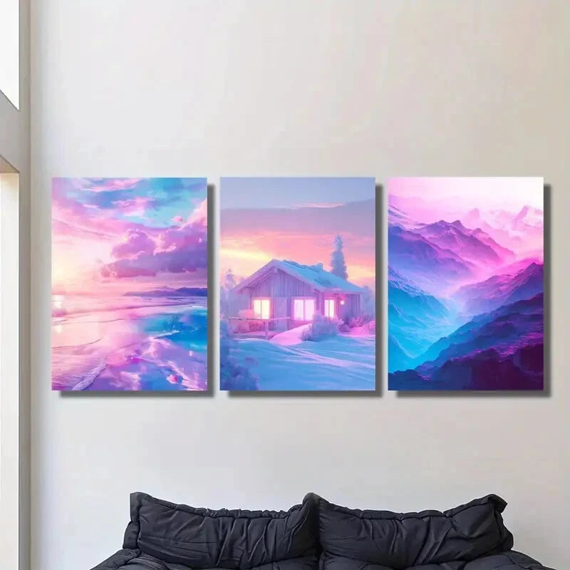 3-Piece Pastel Beach Scenery Metal Wall Art - Pink Coastal Houses Print Set - Ready to Hang Home Decor for Living Room, Bedroom & Office