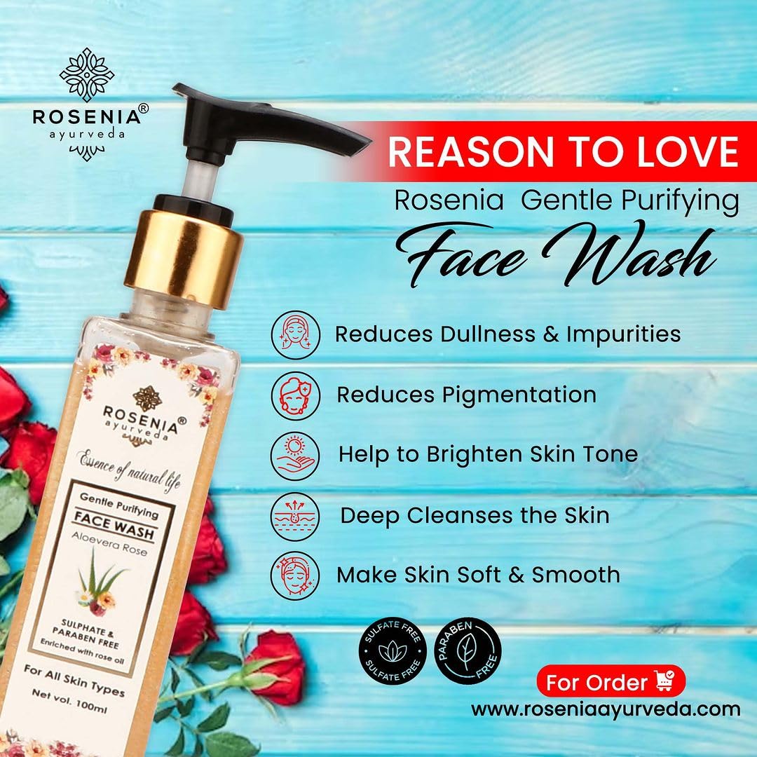 Rosenia Ayurveda Gentle Purifying Face Wash with Orange, Aloe Vera, Lemon & Rosewater - 100ml | Natural Cleanser for Daily Skincare & Acne-Prone Skin