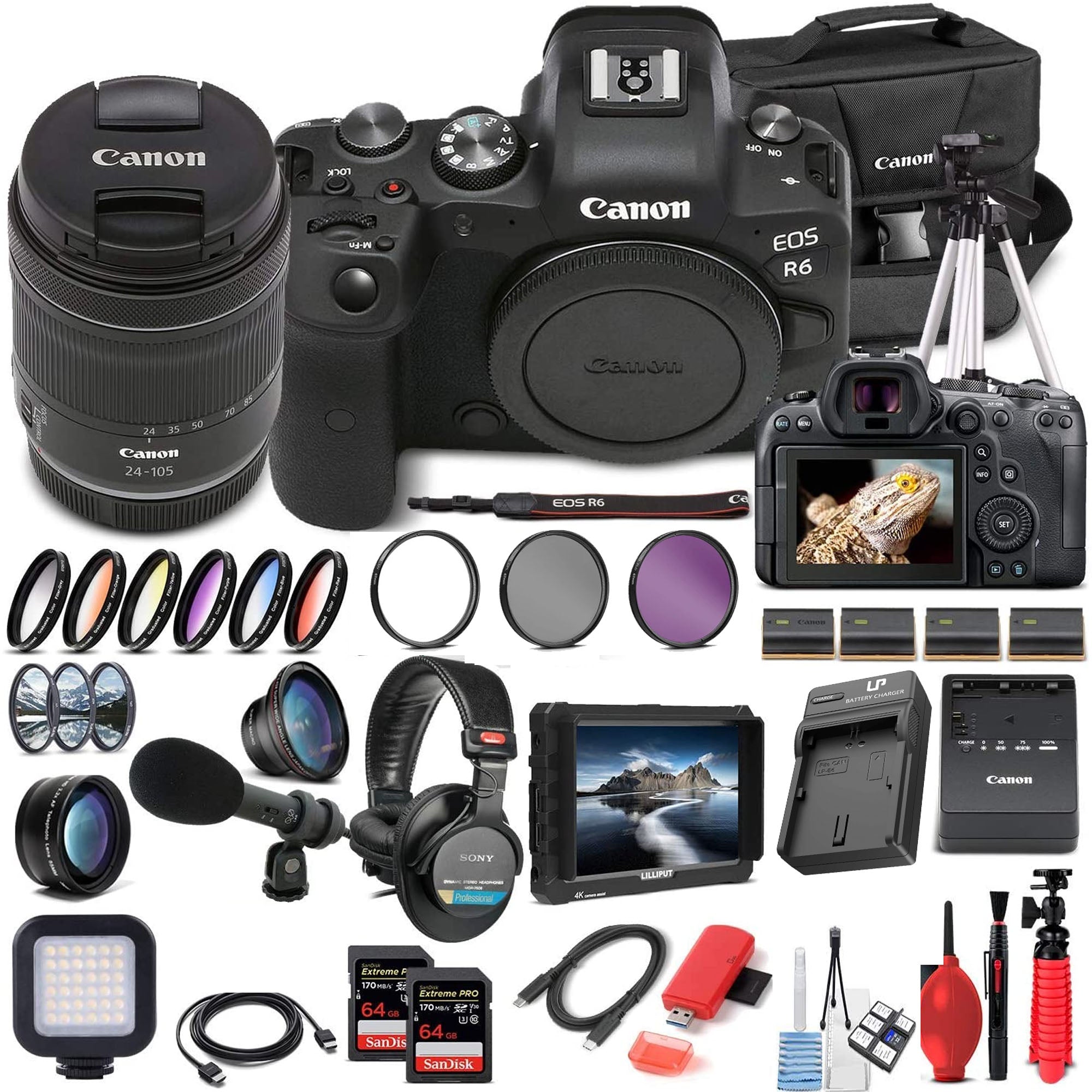 Canon EOS R6 Full Frame Mirrorless Camera with RF 24-105mm f/4-7.1 Lens Kit - Includes Monitor, Headphones, Mic, 2x64GB SD Cards, Case & Tripod - Perfect for Vlogging, Photography & Travel Videography