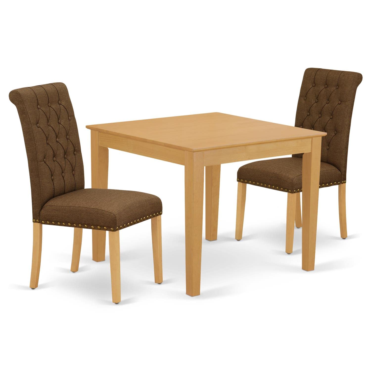 East West Furniture OXBR3-OAK-18 3-Piece Small Space Dinette Set with Square Table & 2 Brown Linen Upholstered Chairs, 36x36 Inch, Oak - Perfect for Apartments, Breakfast Nooks & Cozy Dining Areas