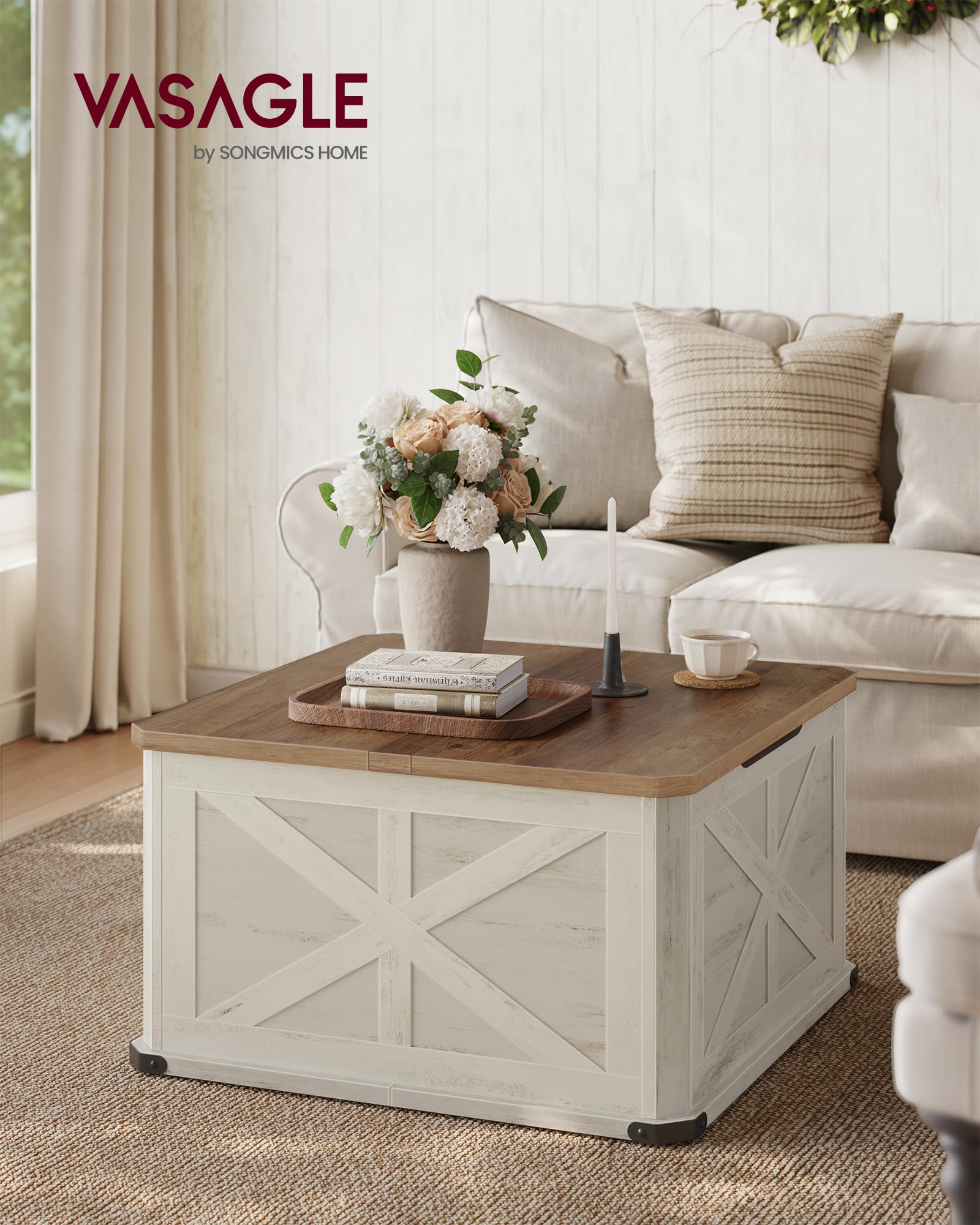 VASAGLE Farmhouse Coffee Table with Storage, Square Living Room Center Table with Flip-Top Lids, Rustic White & Honey Brown - Perfect for Small Spaces, Home Decor, and Coffee Table Books Storage