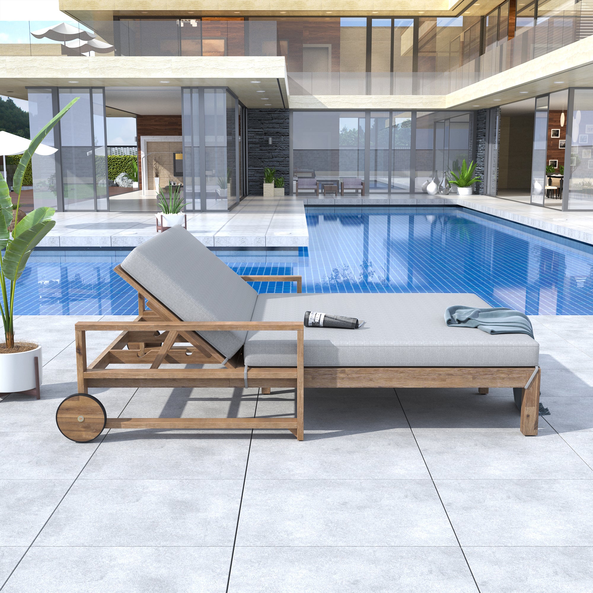 Farmhouse Style Wooden Outdoor Sunbed - 2 Person Daybed for Poolside, Garden & Backyard Relaxation | Weather-Resistant Grey Patio Furniture for Lounging, Sunbathing & Outdoor Entertaining