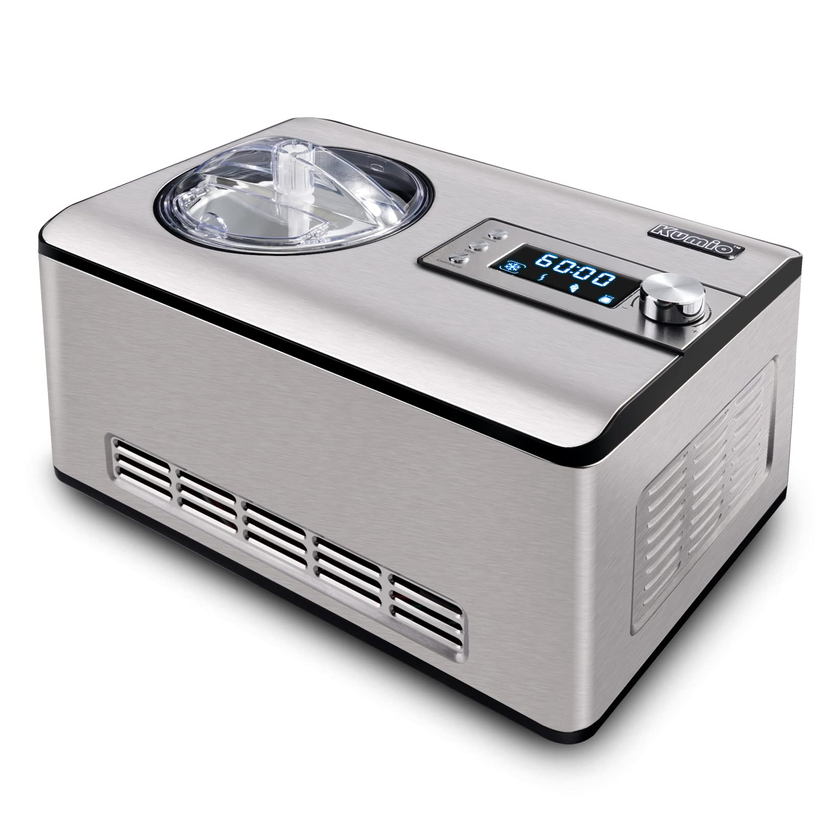 KUMIO 2.2-Quart Automatic Ice Cream Maker with Built-in Compressor - No Pre-Freezing Required, Stainless Steel Electric Ice Cream & Yogurt Machine with LCD Display & Timer, 180W - Perfect for Homemade Gelato, Sorbet, Frozen Yogurt & Fruit Desserts