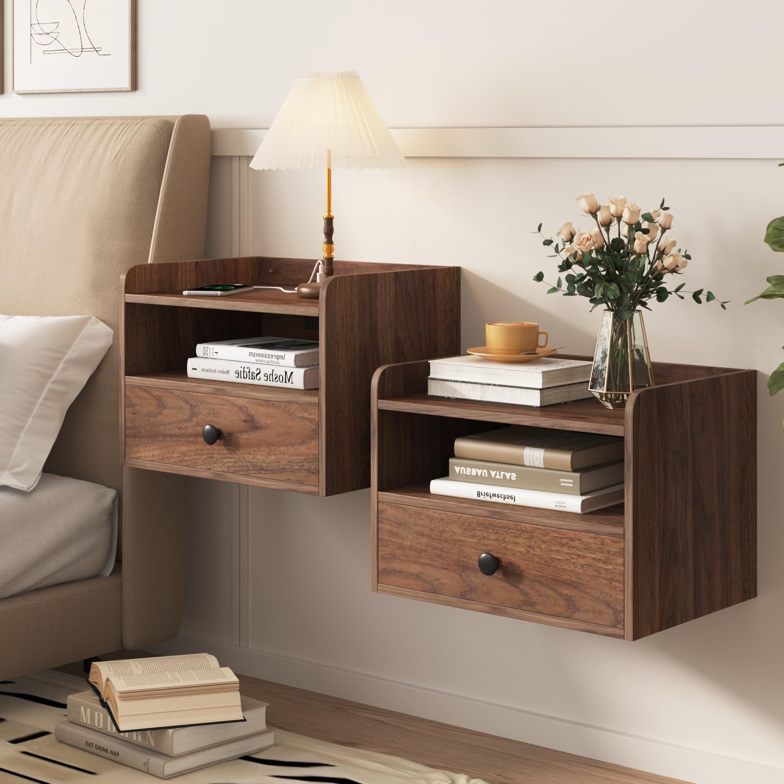 Modern Floating Nightstand Set of 2 - Wall Mounted Bedside Tables with Drawer, Open Shelf & USB Charging Station - Brown Walnut Finish - Perfect for Small Bedrooms, Apartments & Space-Saving Home Decor