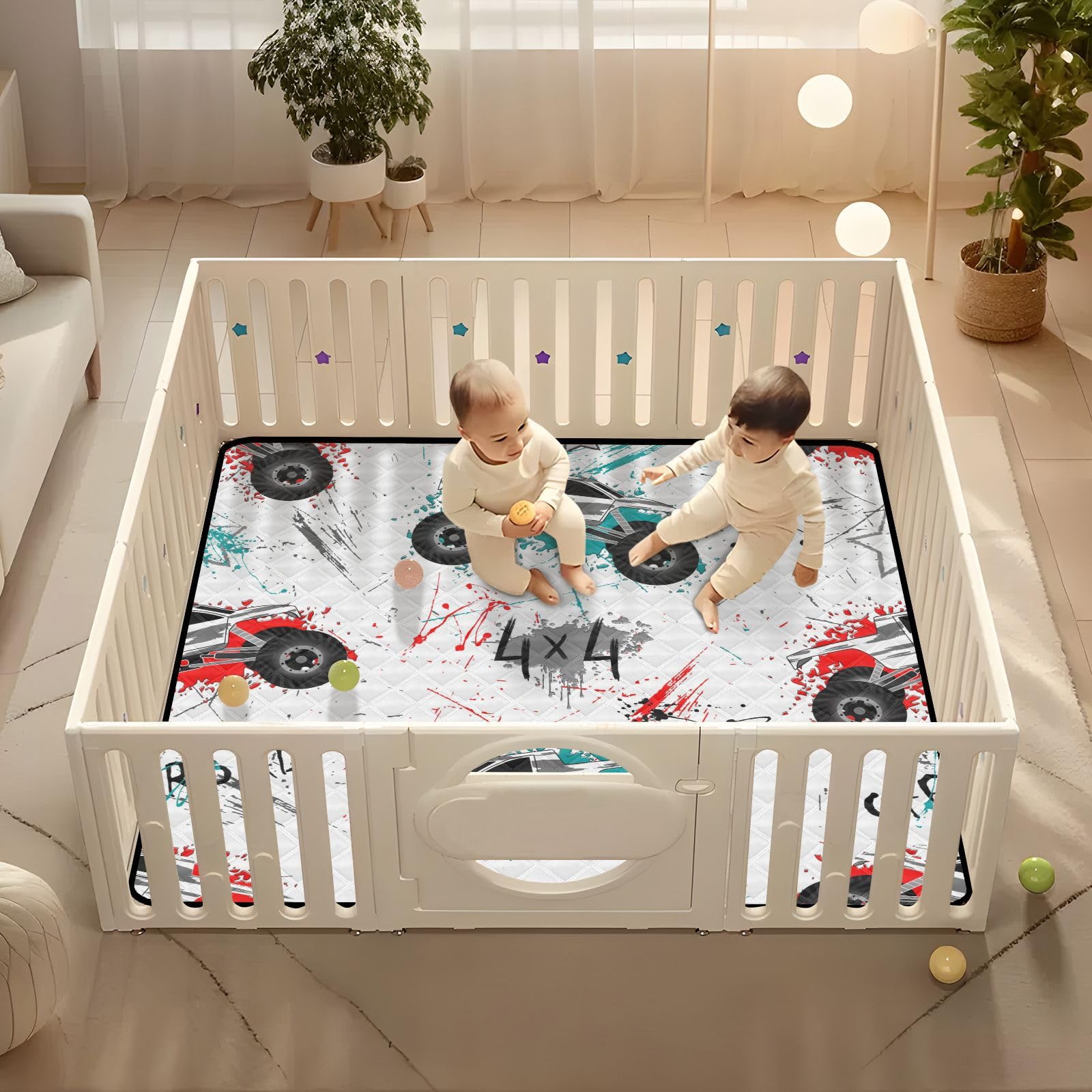 Soft Non-Toxic Baby Play Mat - Green & Red Trucks Design 50x50 Inch - Safe Crawling Mat for Infants 0-12 Months | Perfect for Nursery, Playroom & Daycare Floor Protection