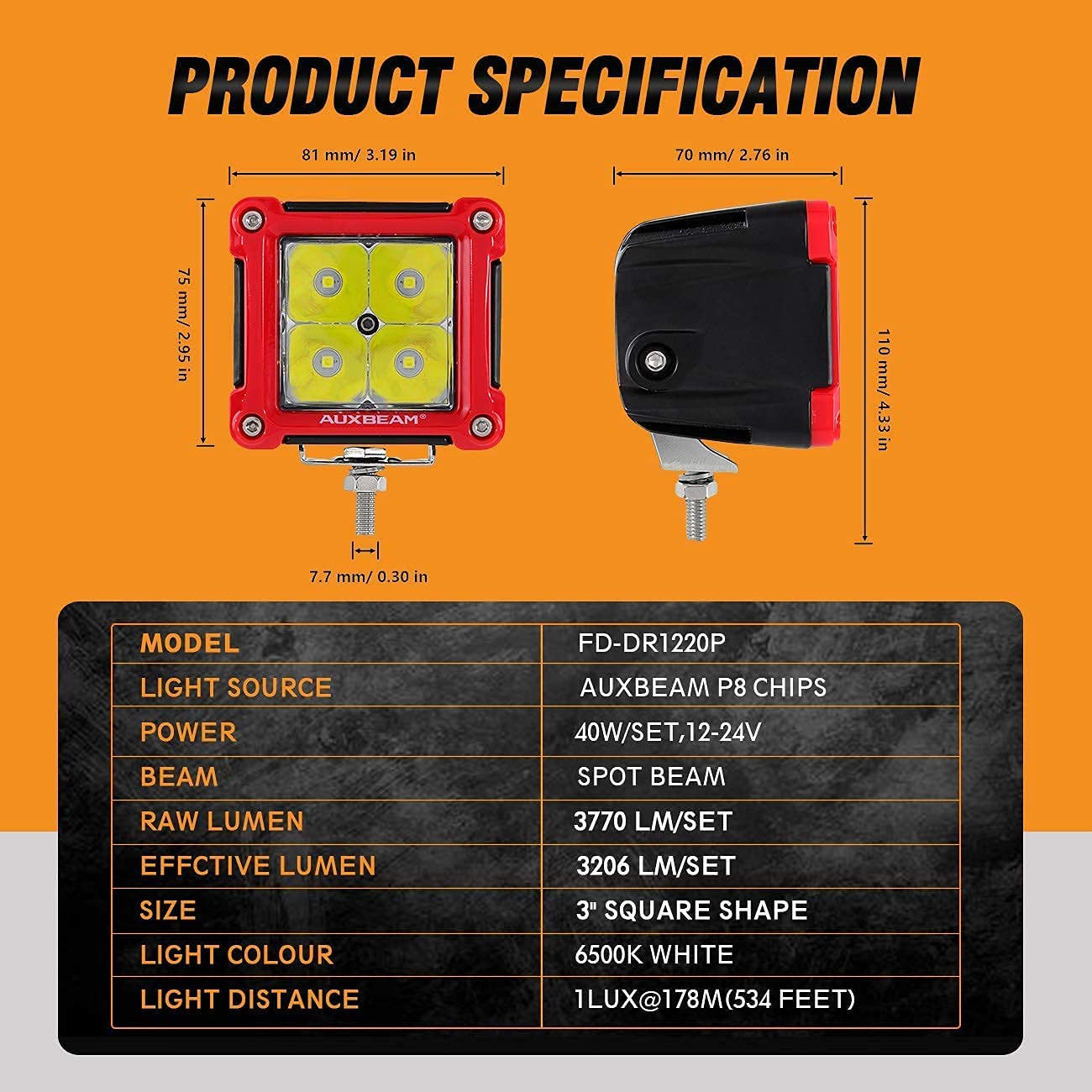 Auxbeam 3 Inch LED Pod Lights - Spot Beam Off-Road Lights with Red Frame & White Body for Trucks, Jeeps, ATVs, and UTVs - Perfect for Night Driving, Camping, and Outdoor Adventures