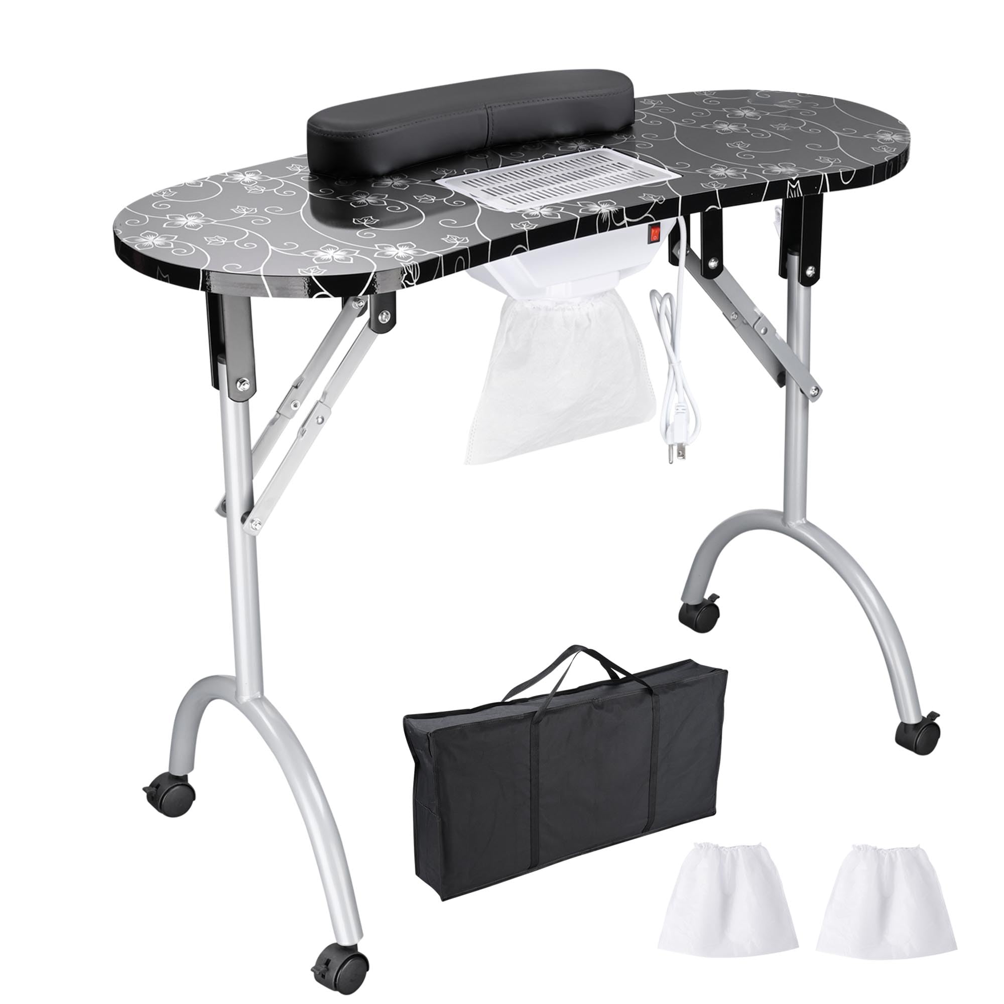 BYOOTIQUE Portable Folding Nail Table with Built-in Dust Collector & Lockable Wheels - Professional Manicure Station for Nail Techs, Tattoo Artists & Beauty Salons - Includes Carry Bag - Perfect for Spa, Home Salon & Mobile Nail Services (Black)