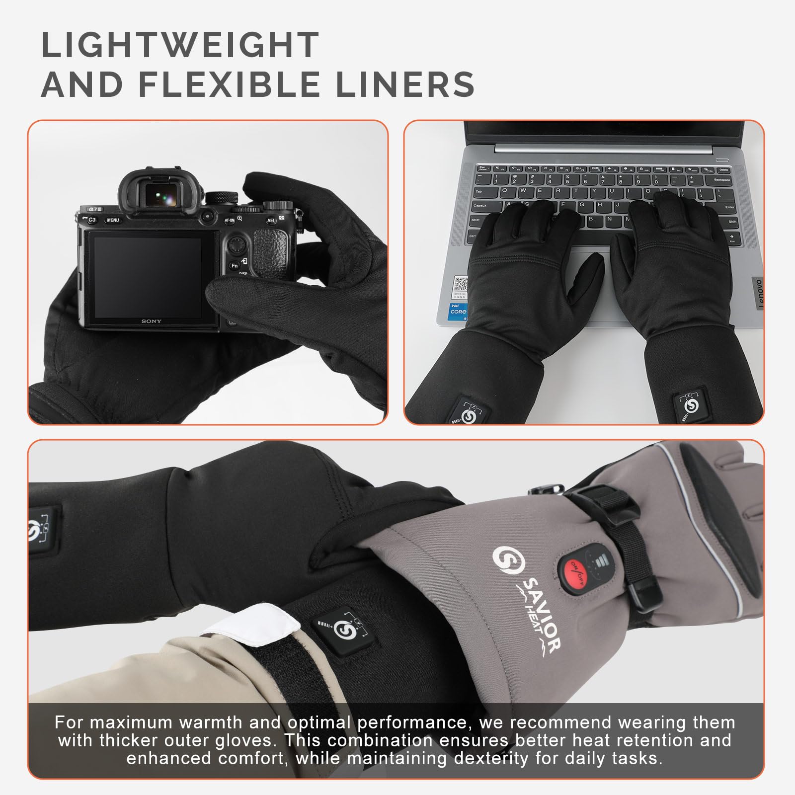 SAVIOR HEAT Rechargeable Battery Heated Glove Liners for Men & Women - Electric Warming Gloves for Skiing, Snowboarding, Hiking & Cycling - Thin Winter Hand Warmers for Outdoor Sports & Cold Weather Activities