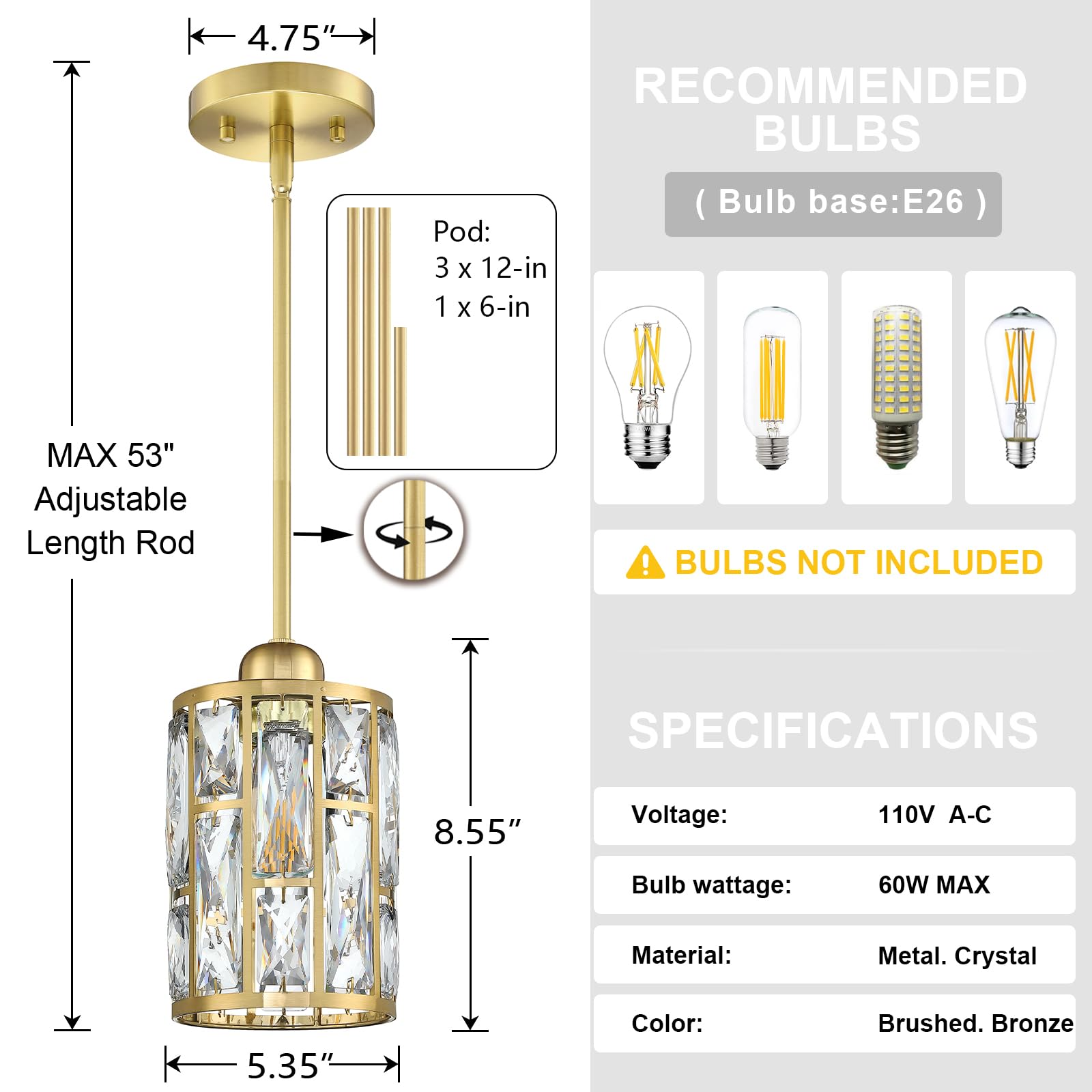 3 Pack Modern Crystal Pendant Lights - 5.3