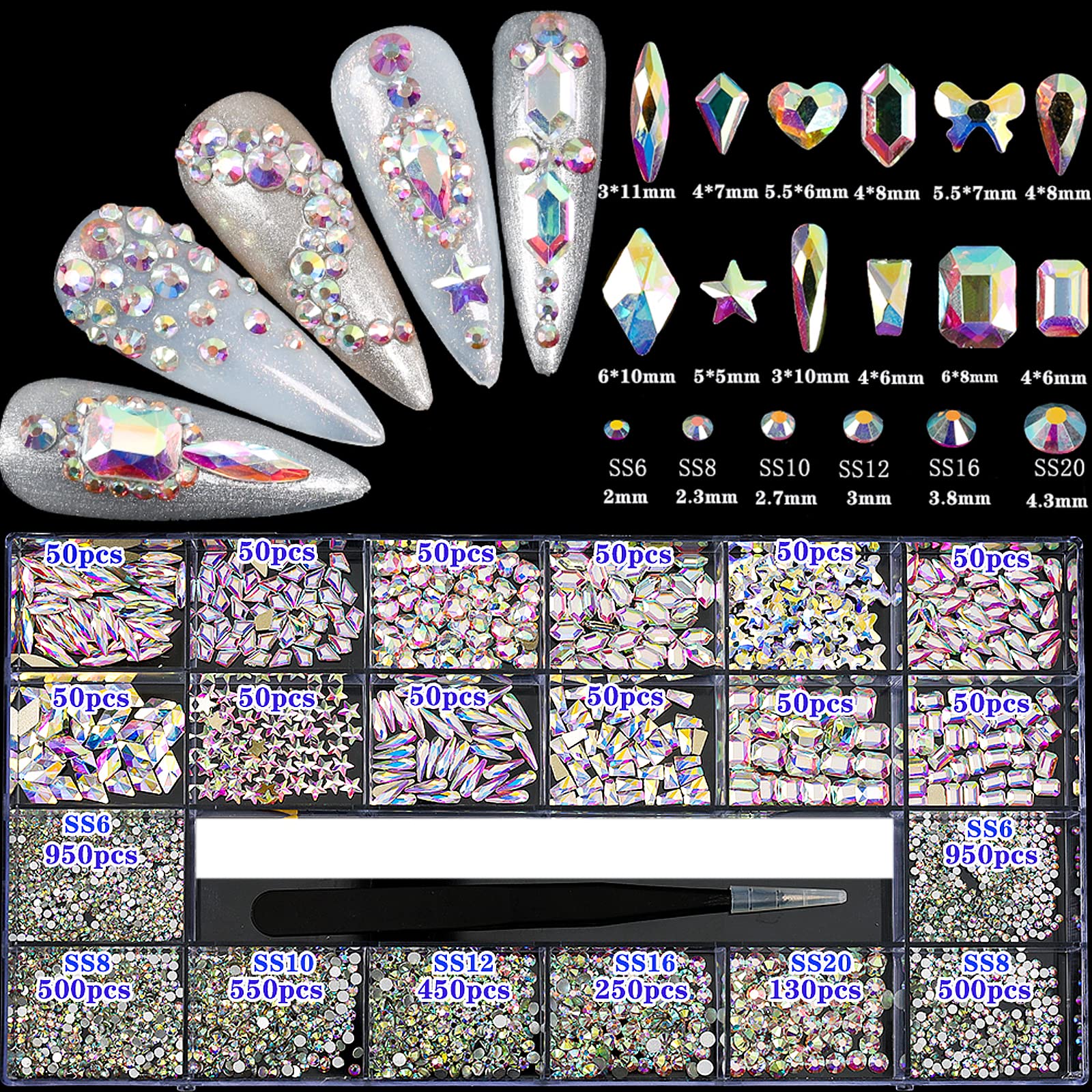 4880Pcs AB Crystal Nail Rhinestones Set - Round Flatback Glass Gems for Nail Art, DIY Crafts, Clothing & Jewelry Decoration | Multi-Shaped 3D Rhinestones for Professional & Home Use