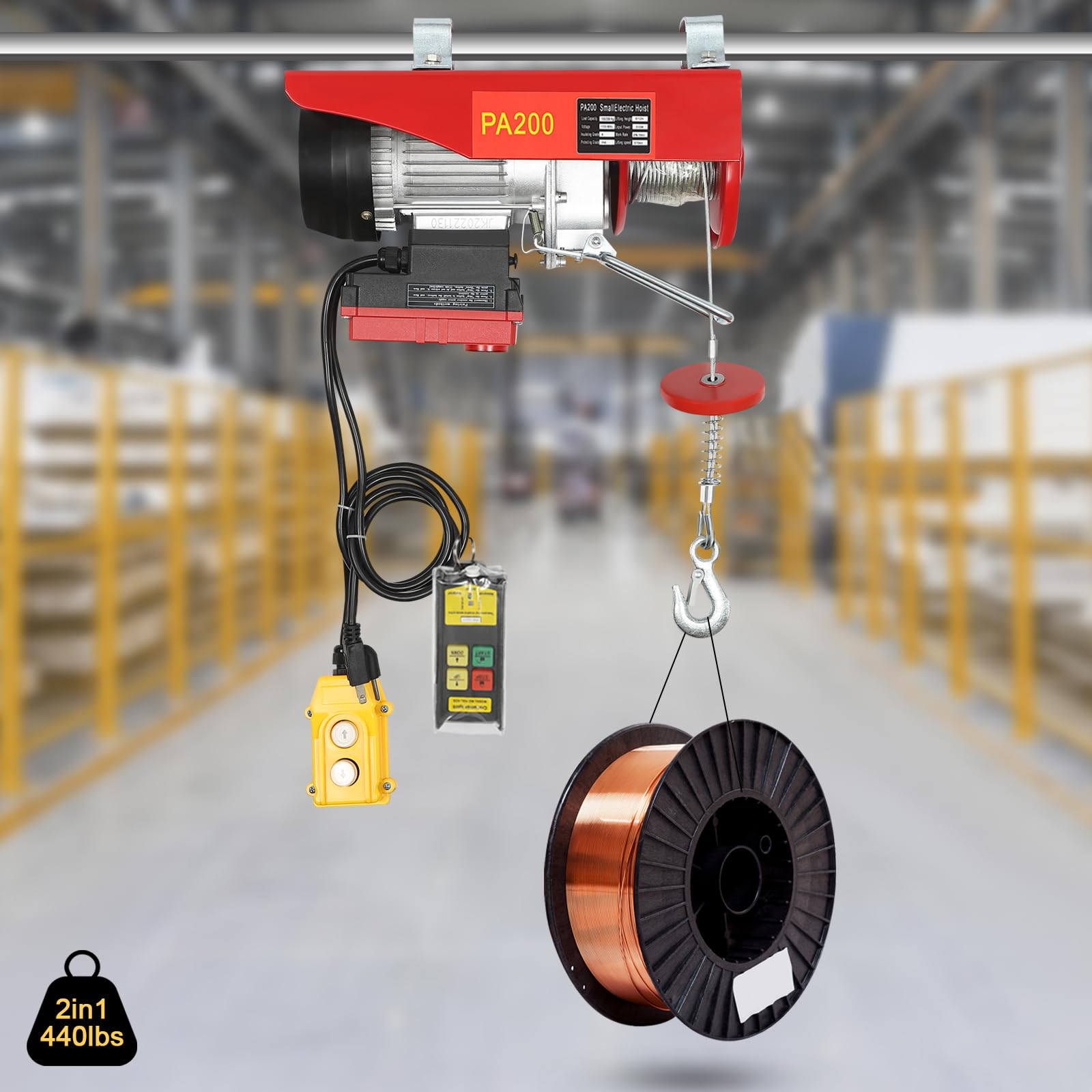 440lbs Wireless Remote Control Electric Hoist - 110V 1200W 2-in-1 Steel Electric Winch with 12m/39.37ft Lanyard - Perfect for Garage Lifting, Construction Work, and Heavy Equipment Moving
